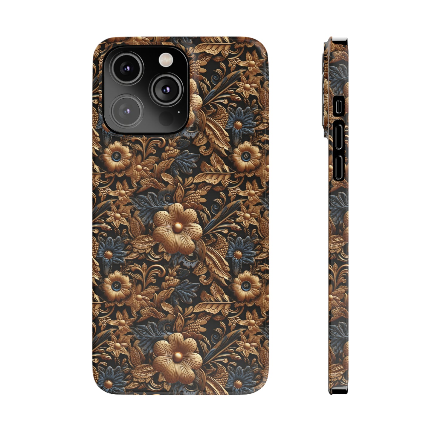 Tooled Leather Gold Flowers with Blue Leaves Accent Print Design Iphone 15-12 Slim Phone Case