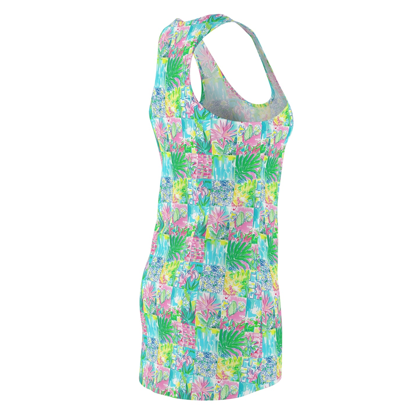 Whimsical Palm Trees and Flowers in Vibrant Pink, Teal, and Green Collage Women's Racerback Dress XS - 2XL