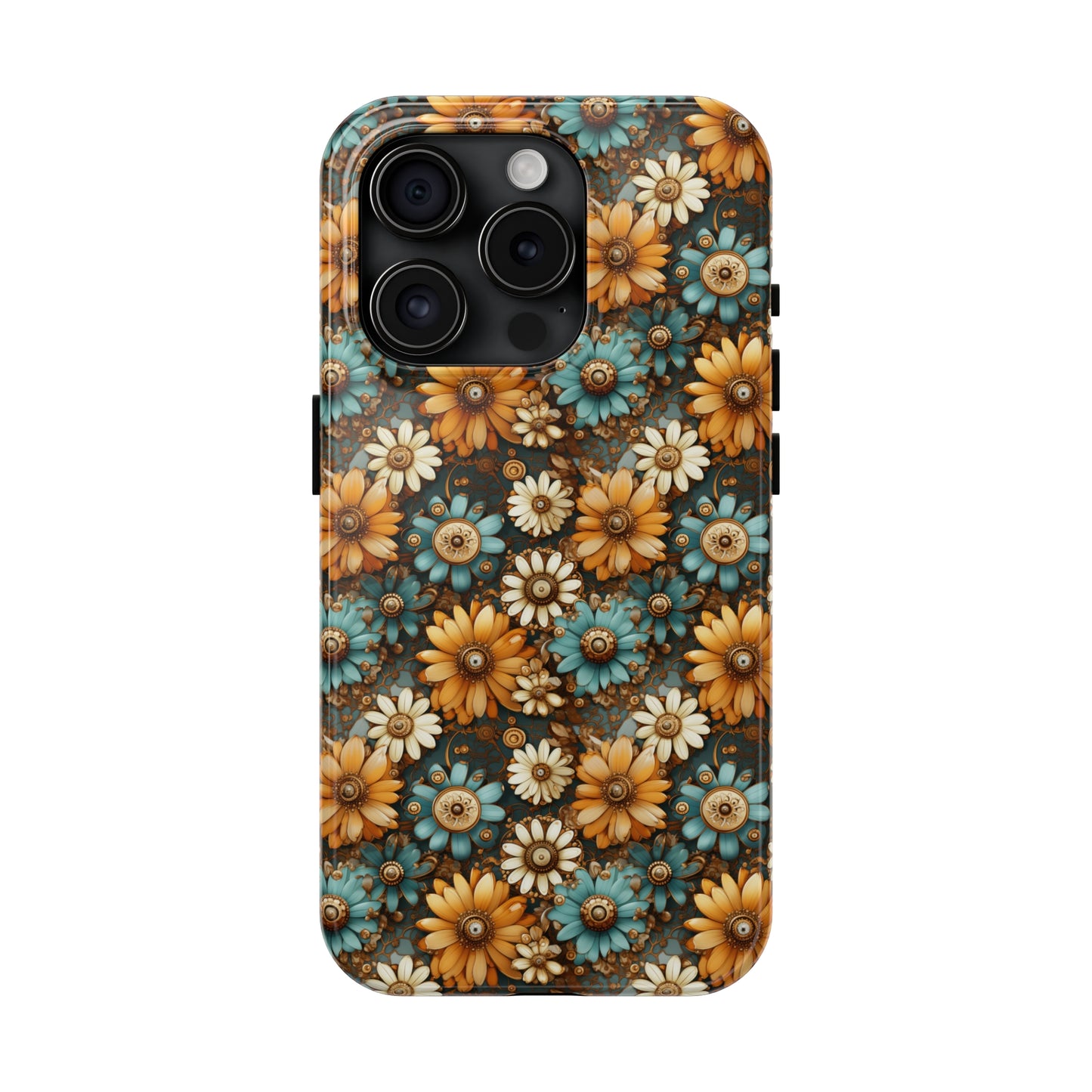 Victorian Steampunk Cream Gold and Teal Flowers with Gears and Mechanical Elements Iphone Tough Phone Case