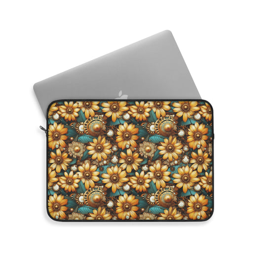 Victorian Steampunk Gold Flowers Teal Background with Gears and Mechanical Elements - Laptop or Ipad Protective Sleeve 3 Sizes