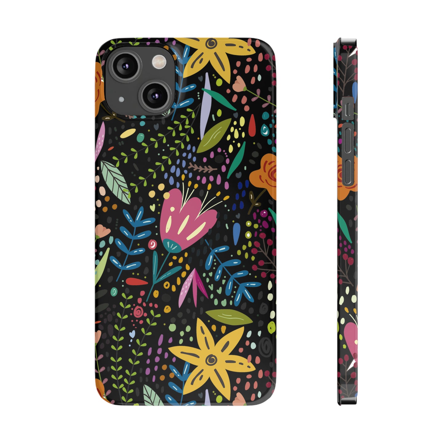 Springtime Splendor: Hand-Drawn Flowers Bursting with Vibrant Colors Design on Black Iphone 15-12 Slim Phone Case