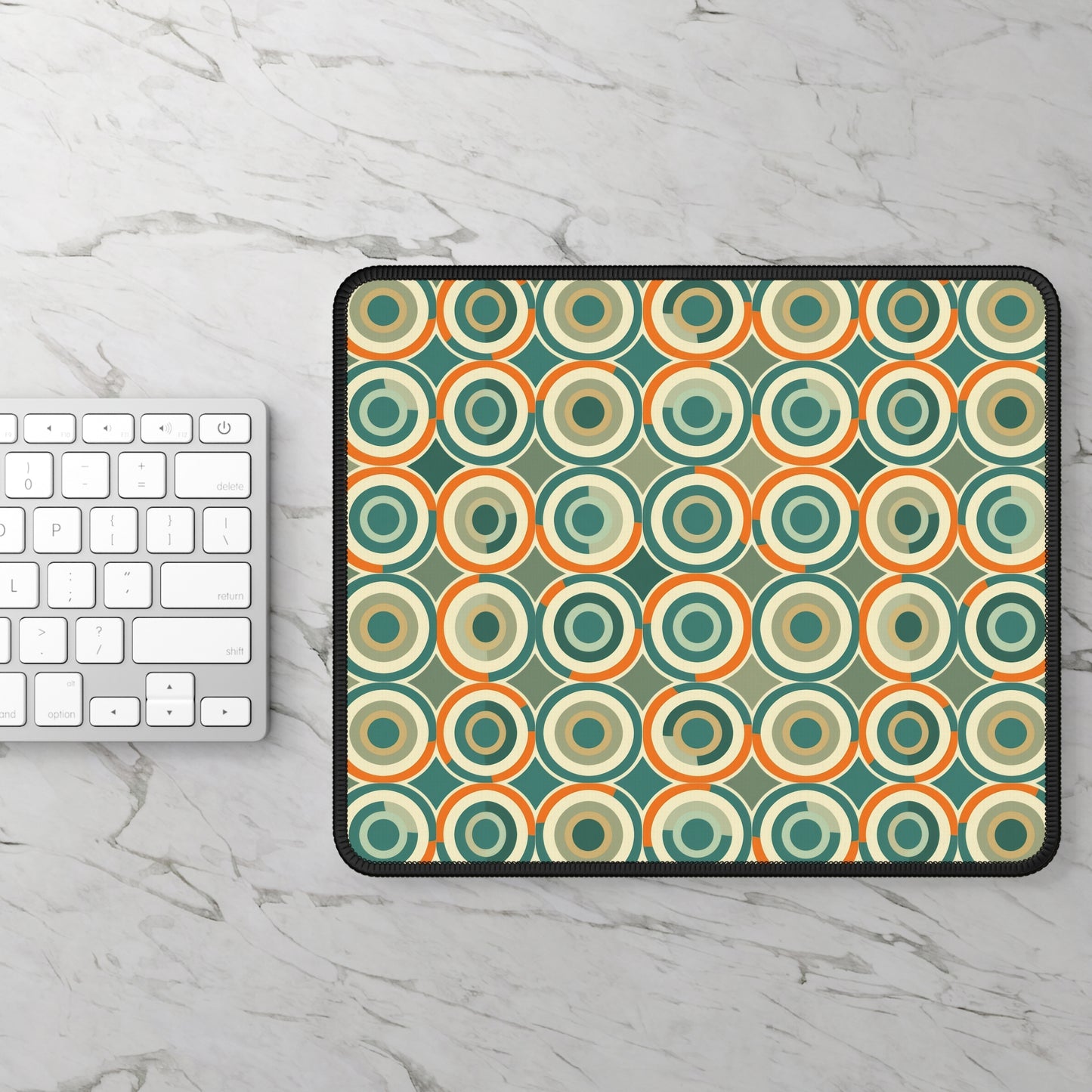 Retro Vintage Circle Pattern in Teal and Orange Mouse Pad with Finished Edges