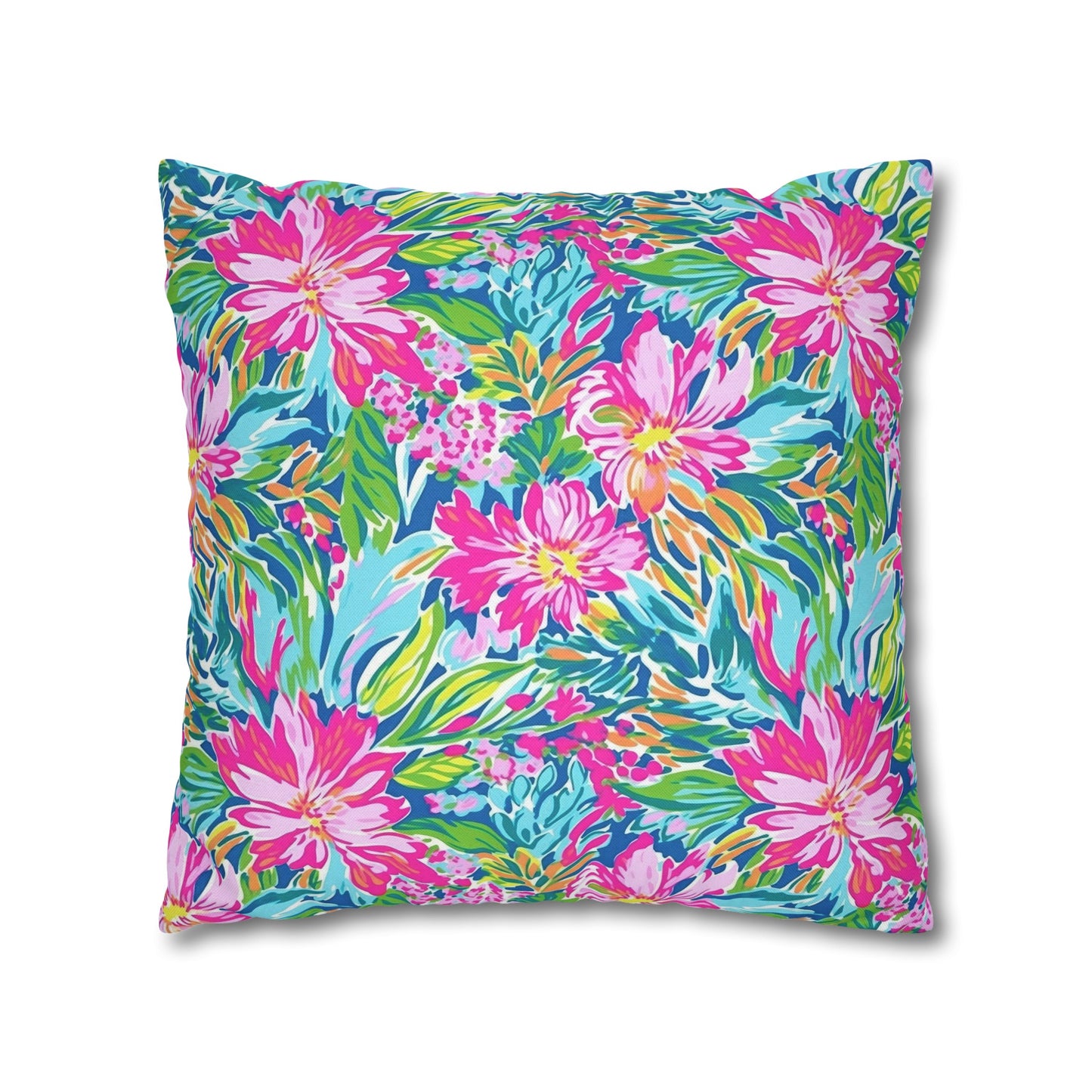 Sunlit Symphony: Large Blooms of Pink, Blue, and Green in Watercolor Spun Polyester Square Pillowcase 4 Sizes