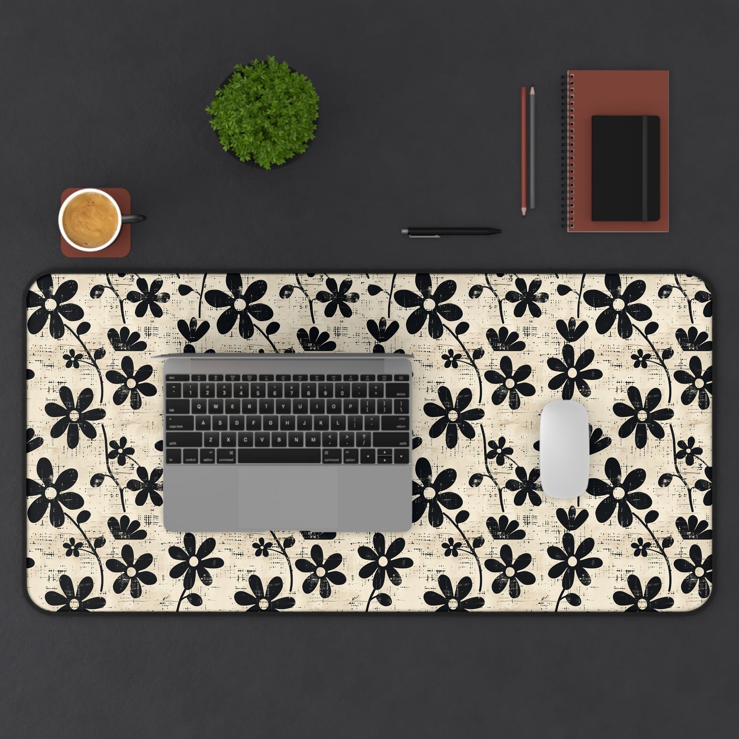 Distressed Black Floral on Beige Background Extended Gaming Mouse Pad  Desk Mat  - 3 Sizes