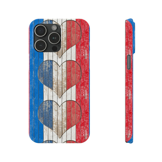 Painted Heart in Red White Blue Wood Wall Iphone 15-12 Slim Phone Case