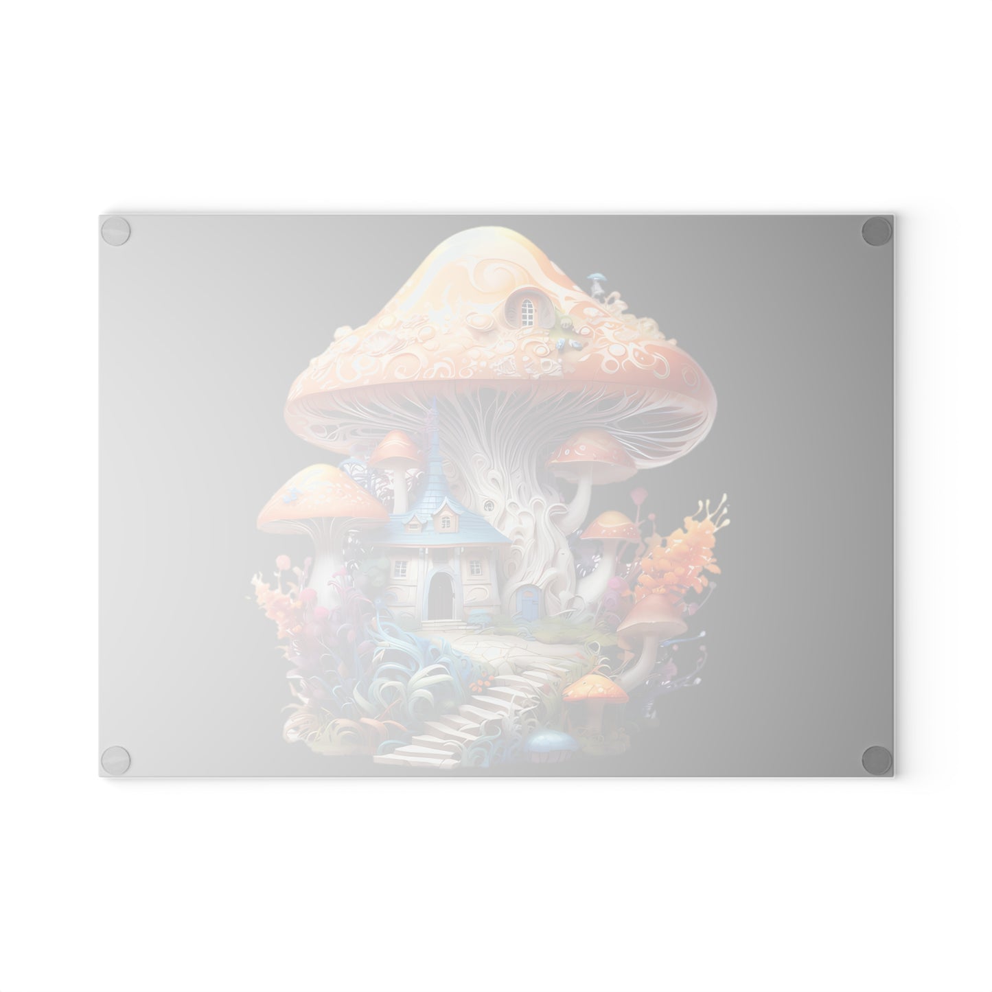 Fairytale Mushroom 2 Story Cottage Home with Black Background - Glass Cutting Board  8" x 11" and 11" x 15"