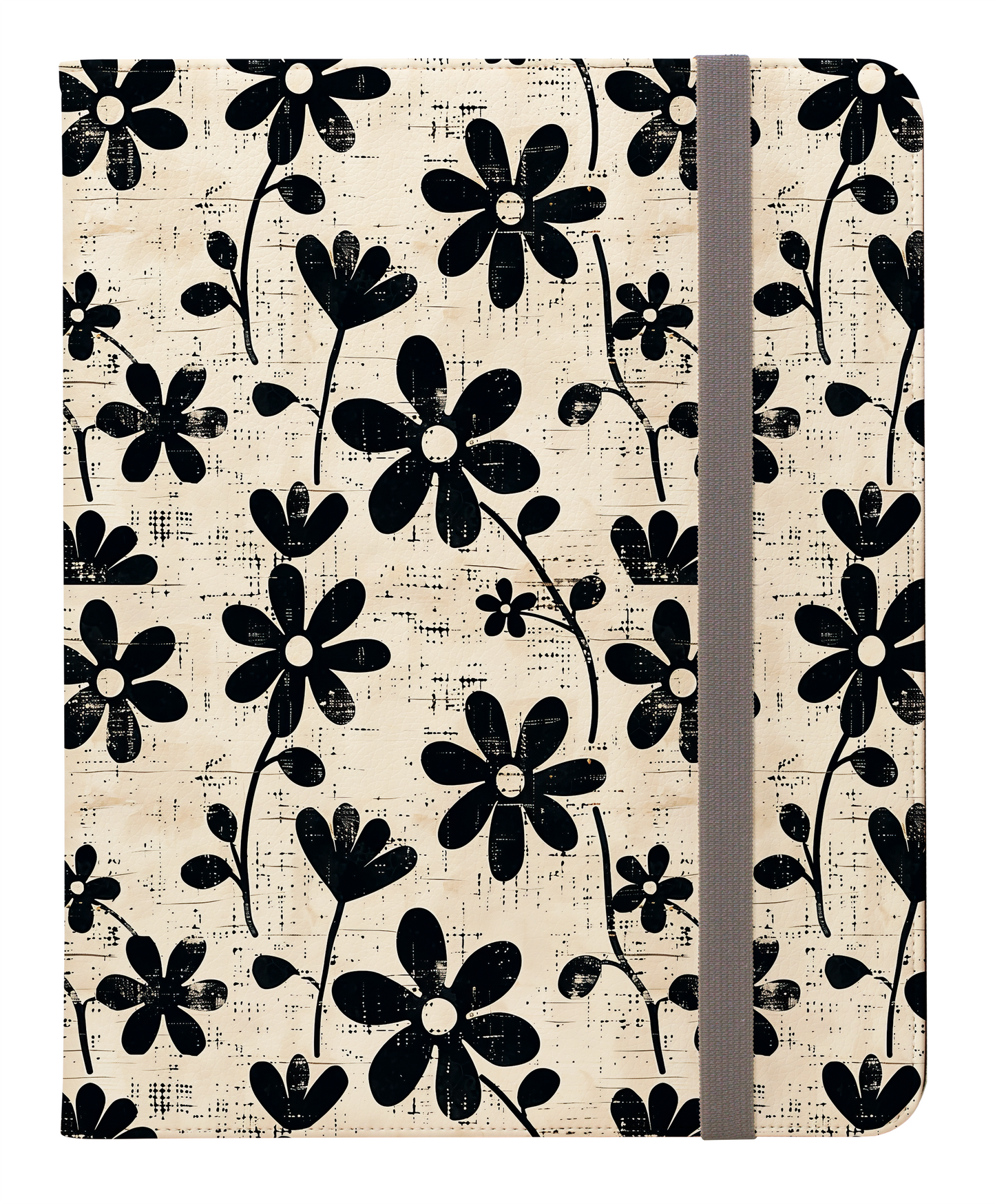 Distressed Black Daisy Floral on Beige Background Protective iPad Pro 11 & Pro 12.9 Protective Case and Pencil Holder