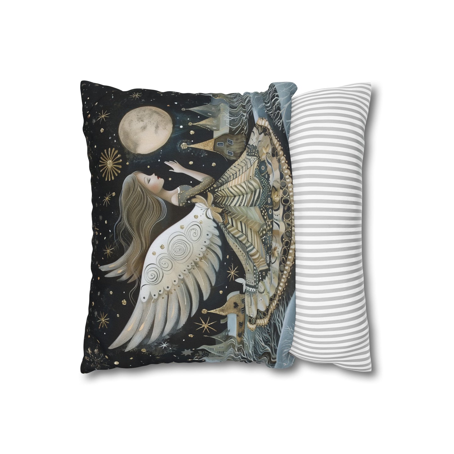 Frosty Angelic Glow: Angel Illuminated by Moonlight on a Snowy Night Spun Polyester Square Pillowcase 4 Sizes