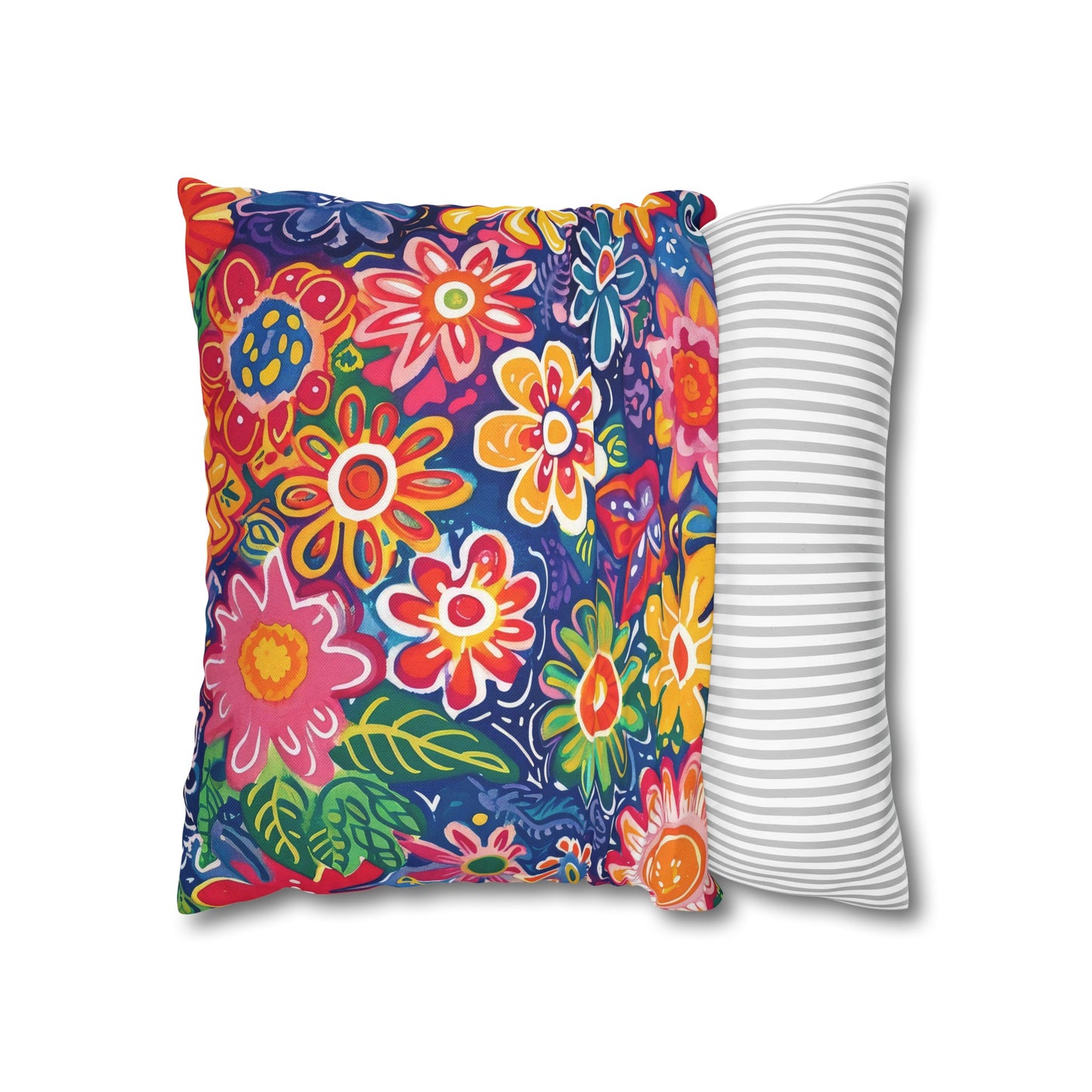 Fluttering Kaleidoscope: Vibrant Multicolor Flowers and Butterflies in Flight Spun Polyester Square Pillowcase 4 Sizes