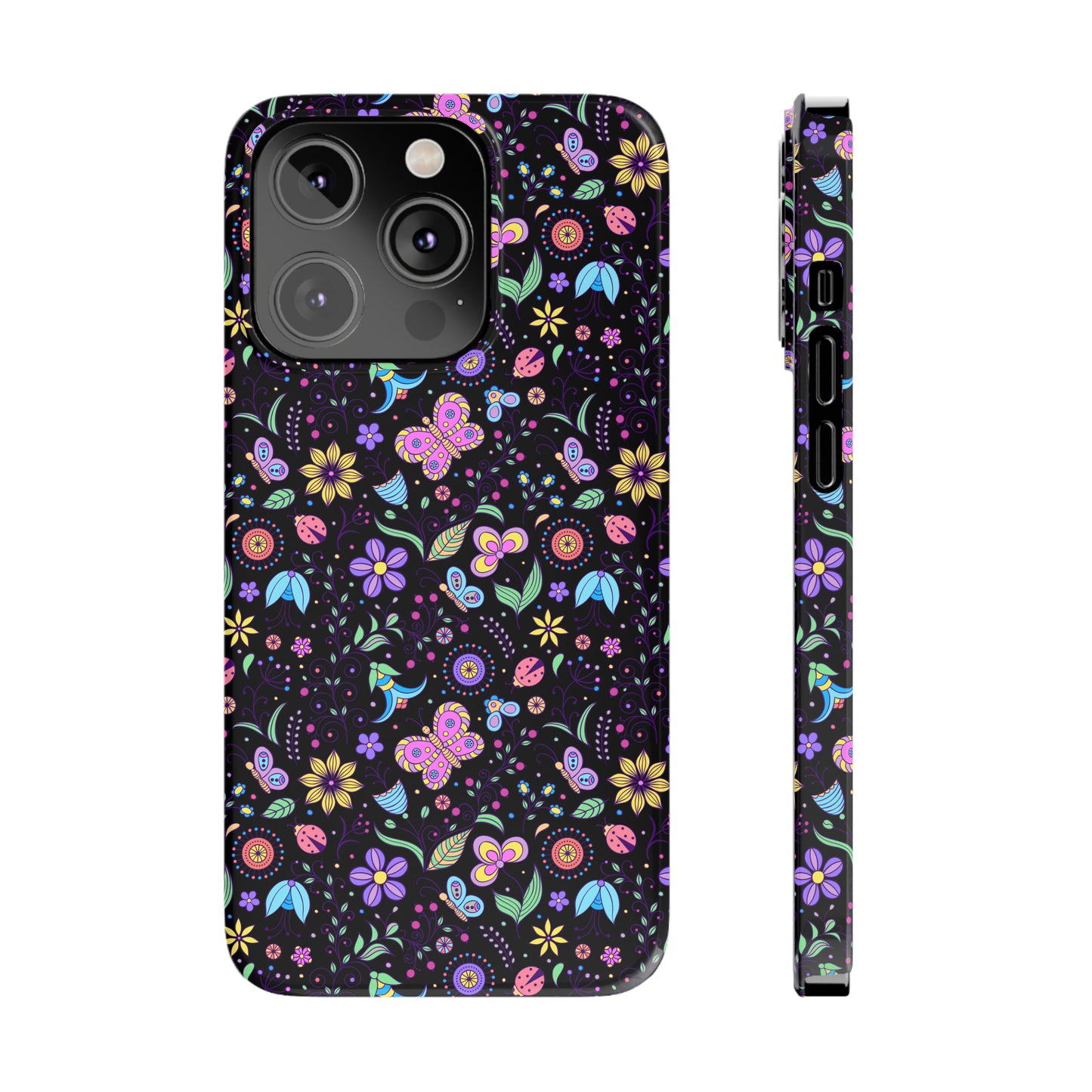 Butterflies and Flowers Black Background Iphone 15-12 Slim Phone Case