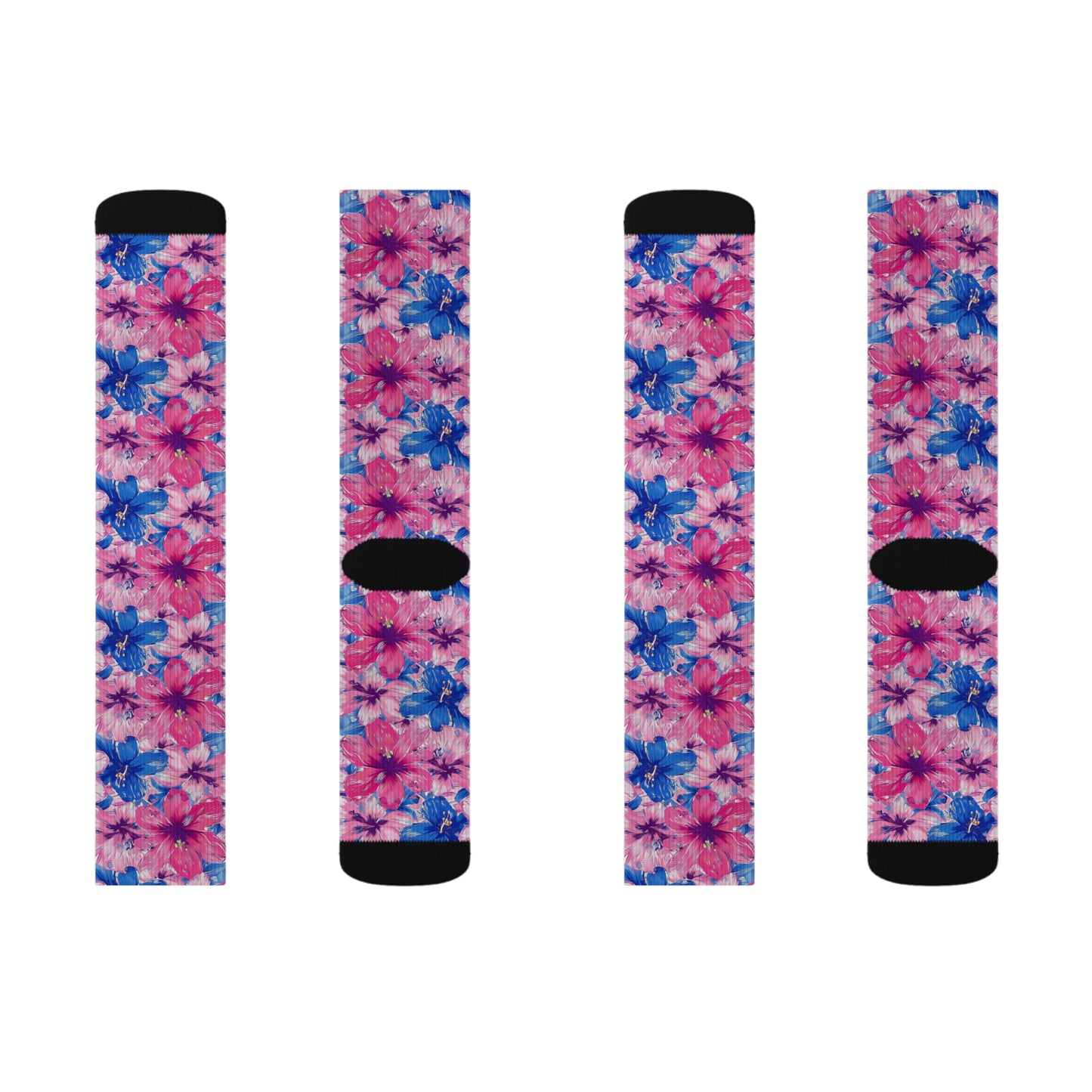 Blooming Bliss: Large Pink and Blue Blossoms in Full Bloom Ribbed Crew Socks