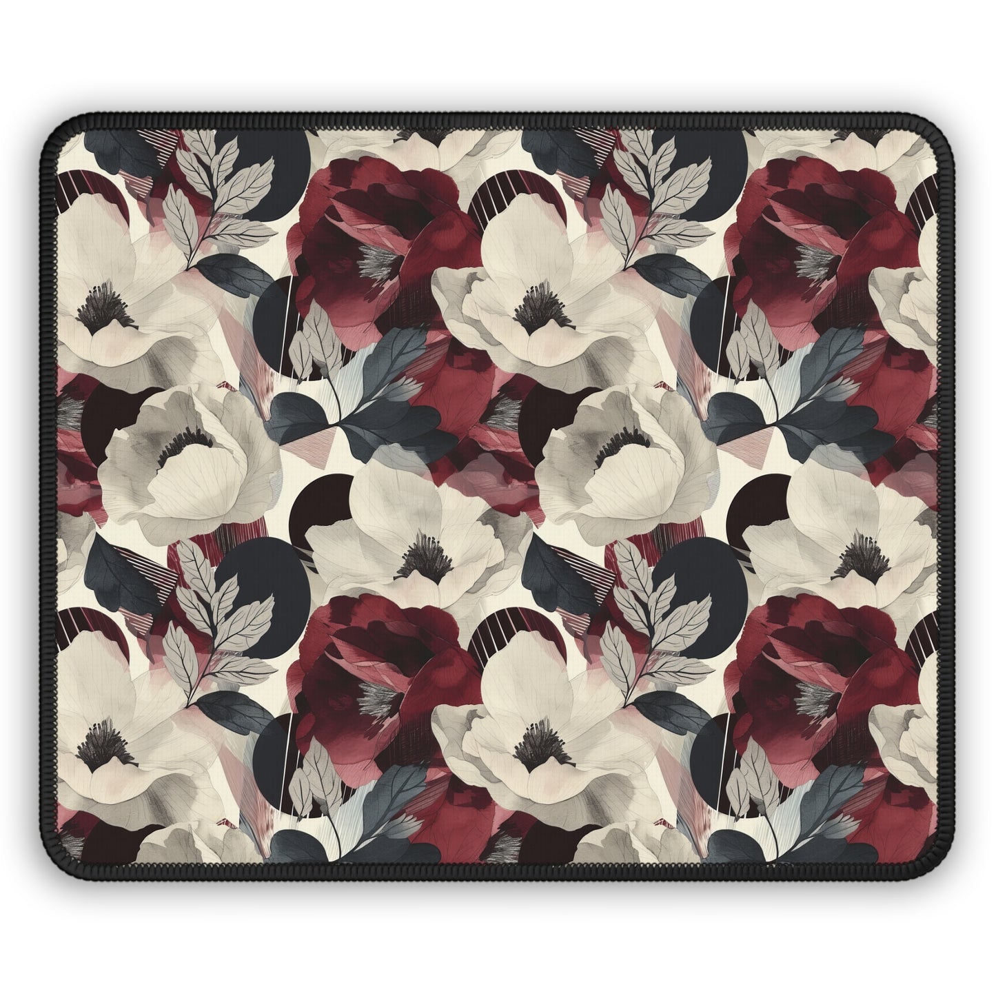 Elegant Vintage Floral Blooms in Wine, Cream and Charcoal Print Gaming Mouse Pad with Finished Edges