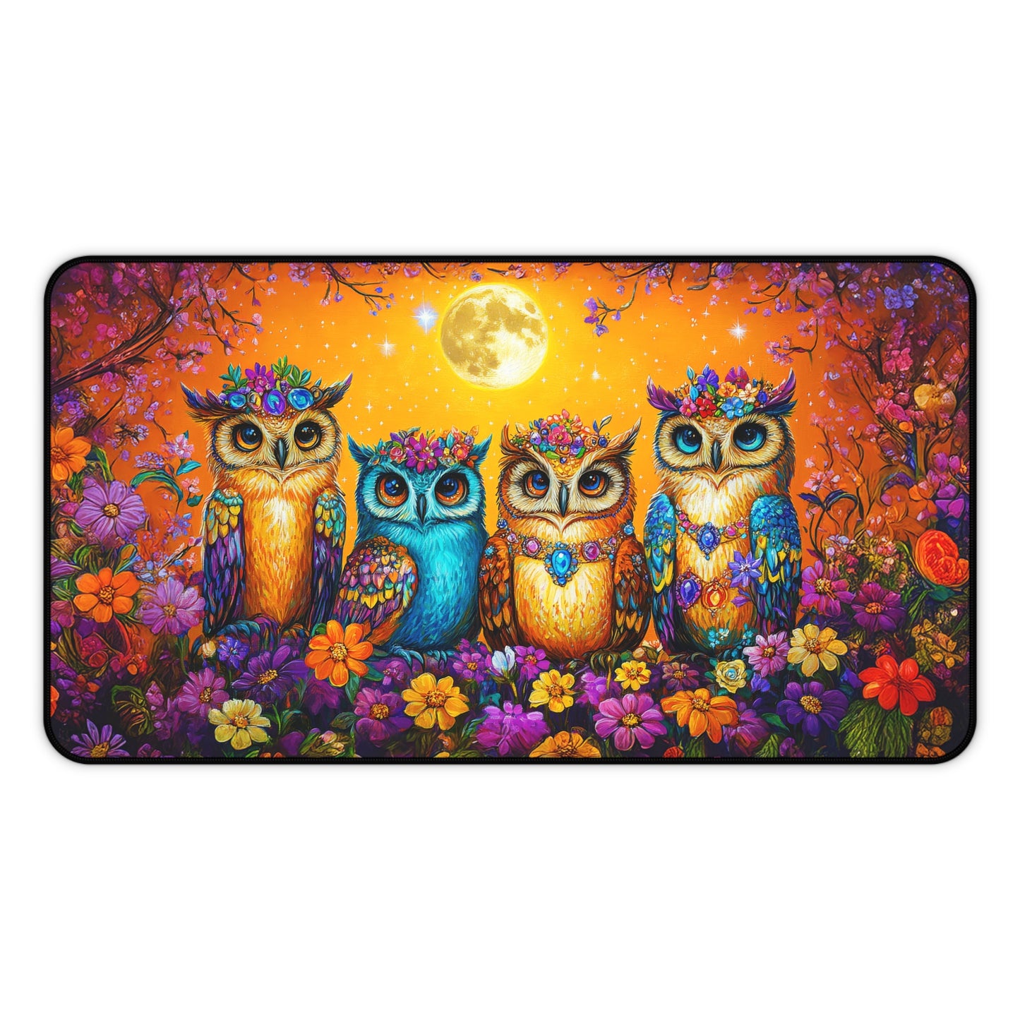 Enchanted Owls Adorned with Floral Crowns Under a Starry Sky Extended Gaming Mouse Pad  Desk Mat  - 3 Sizes