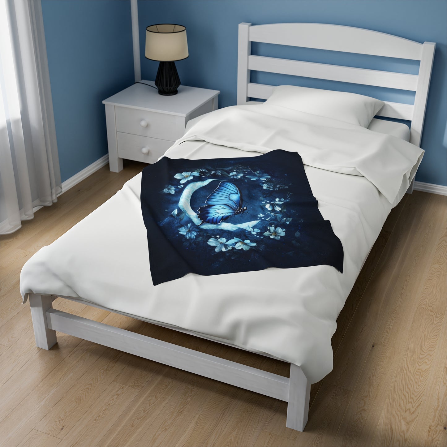 Celestial Blue Butterfly on a Crescent Moon Amidst Starlit Flowers Velveteen Plush Blanket 3 Sizes