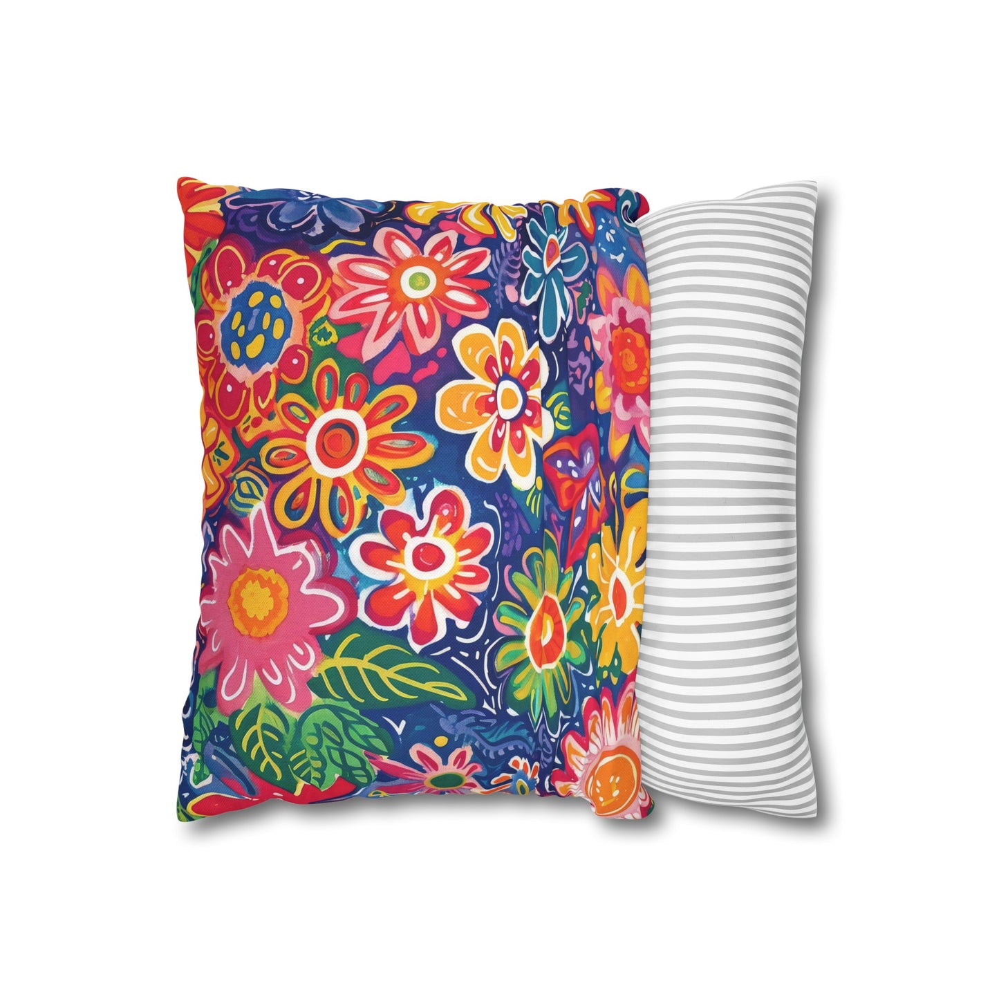 Fluttering Kaleidoscope: Vibrant Multicolor Flowers and Butterflies in Flight Spun Polyester Square Pillowcase 4 Sizes