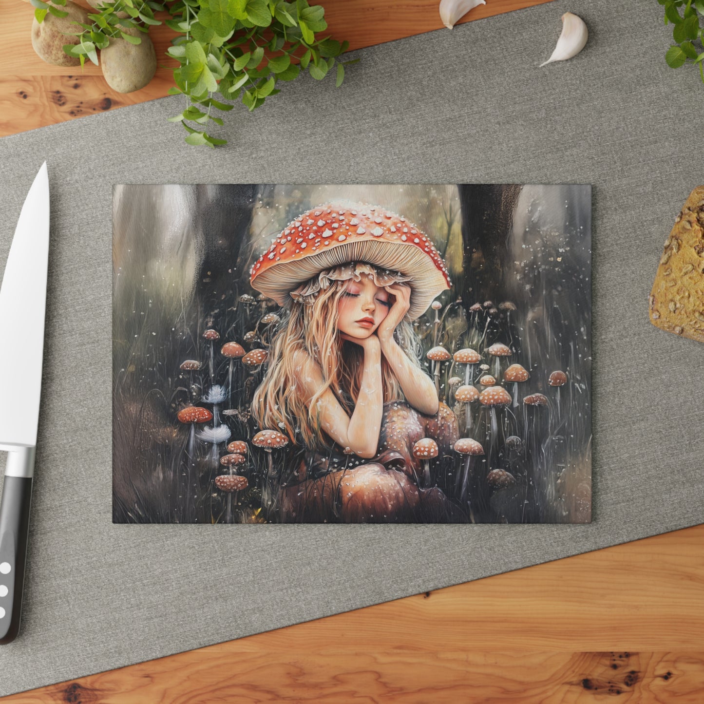 Woodland Nymph Slumbers Beneath a Mushroom's Shade Glass Cutting Board - 2 Sizes