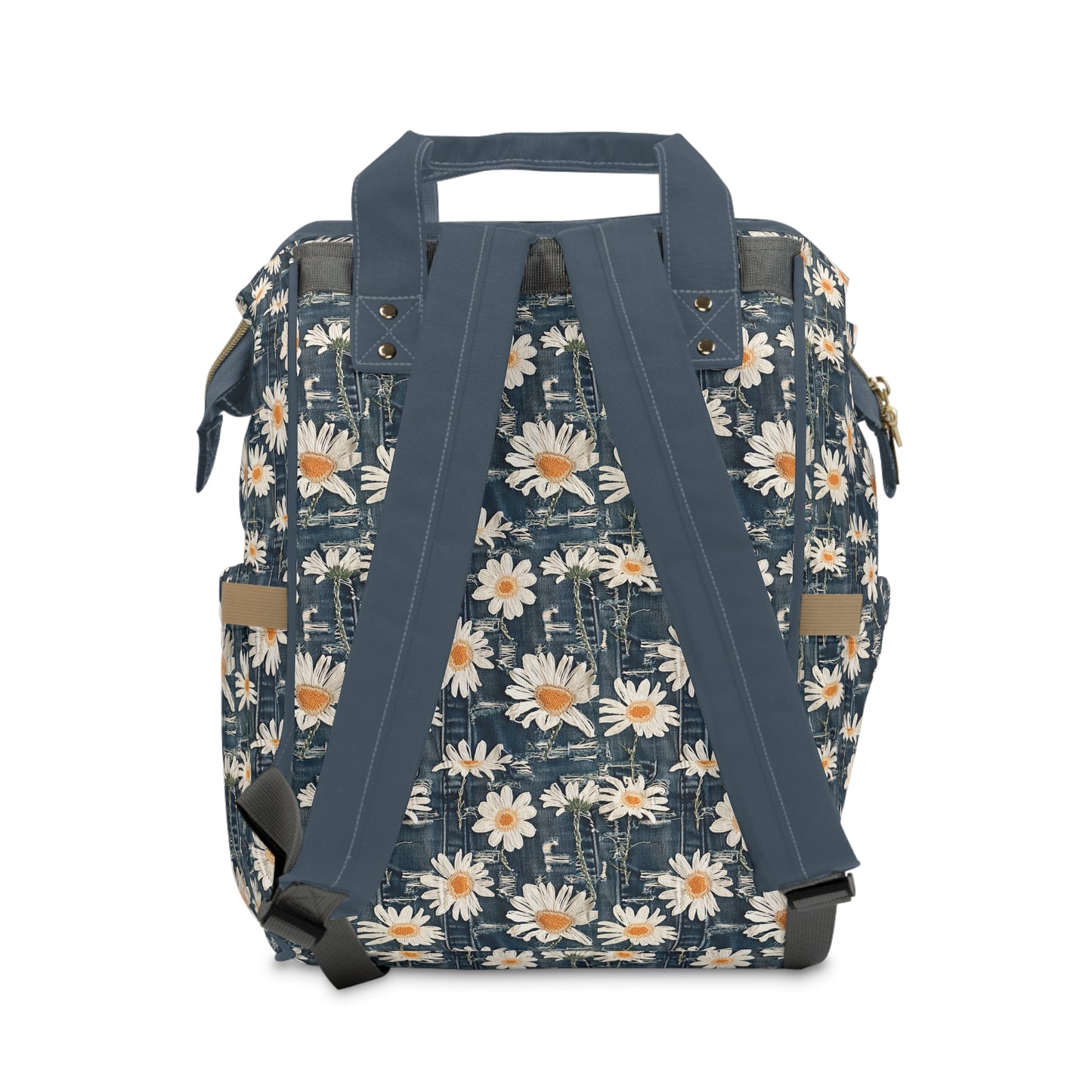 Daisy Dreams: Worn Dark Denim with White Embroidered Daisies Multifunctional Diaper Backpack