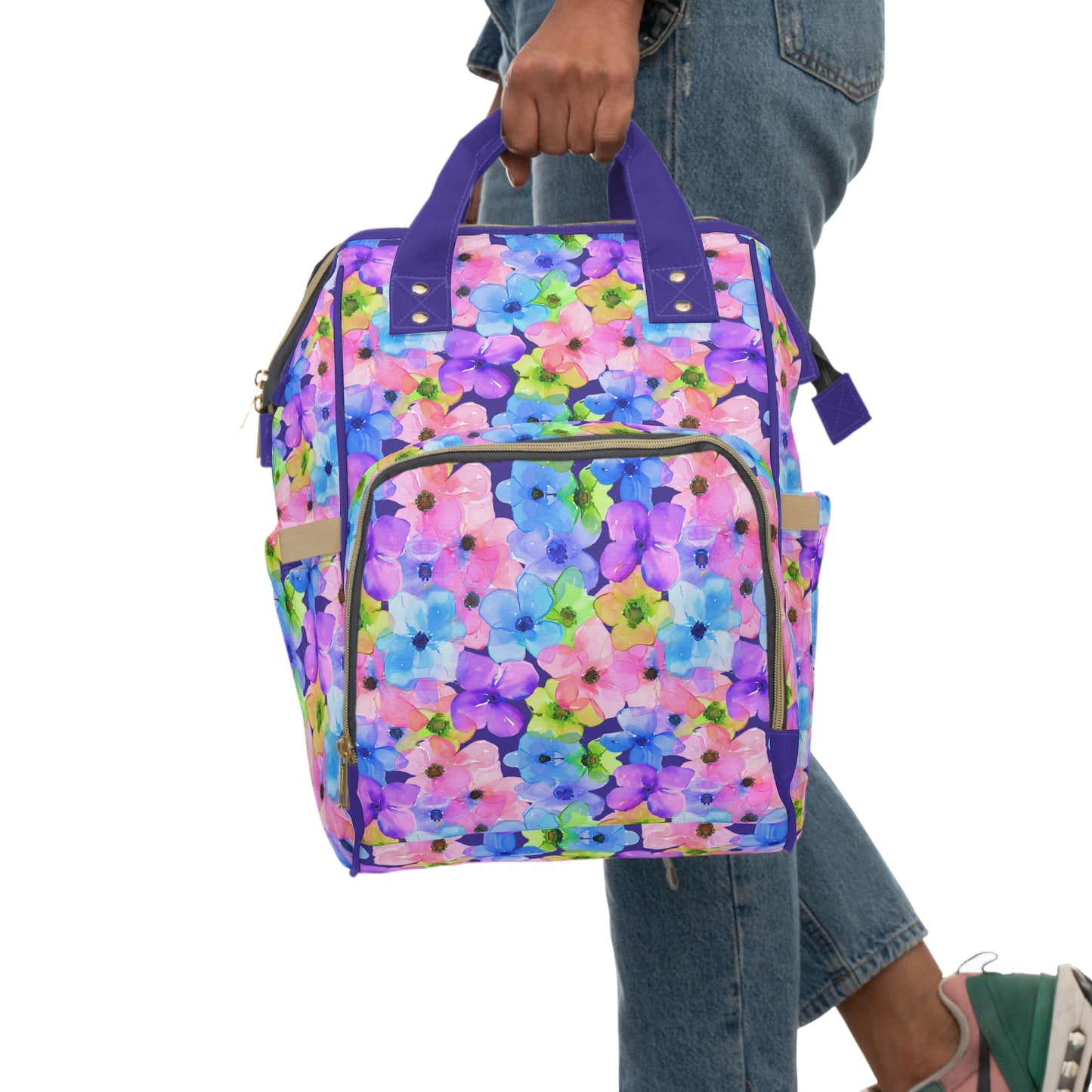 Prismatic Garden: Luminous Pink, Purple, and Blue Blossoms Multifunctional Diaper Backpack