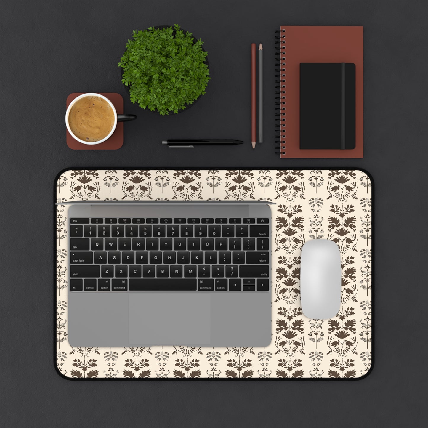 Early American Stencil-Inspired Beige and Brown Floral Pattern Gaming Mouse Pad  Desk Mat  - 3 Sizes