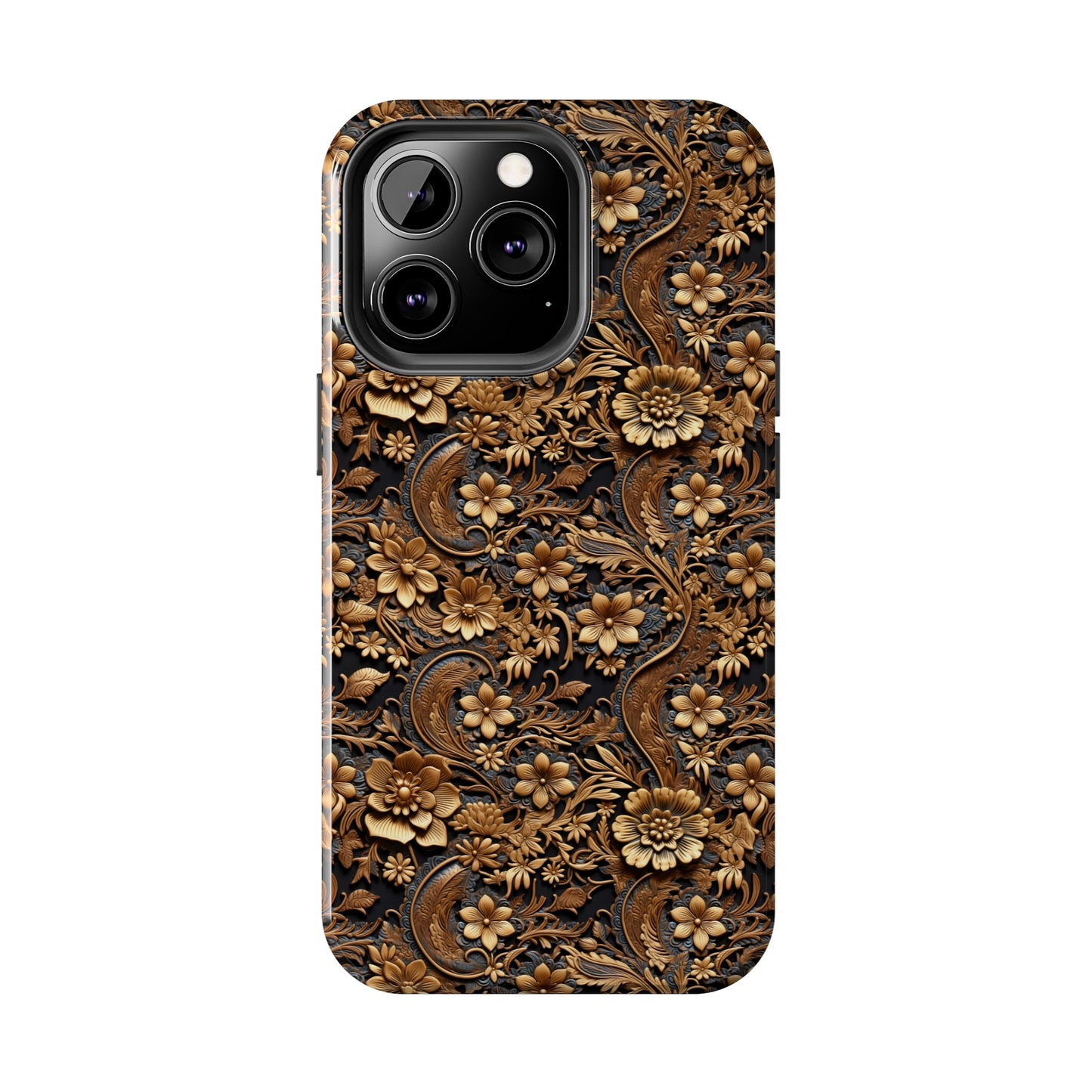 Tooled Leather Large Gold Flowers with Blue Leaf Swirl Accents Print Design Iphone Tough Phone Case