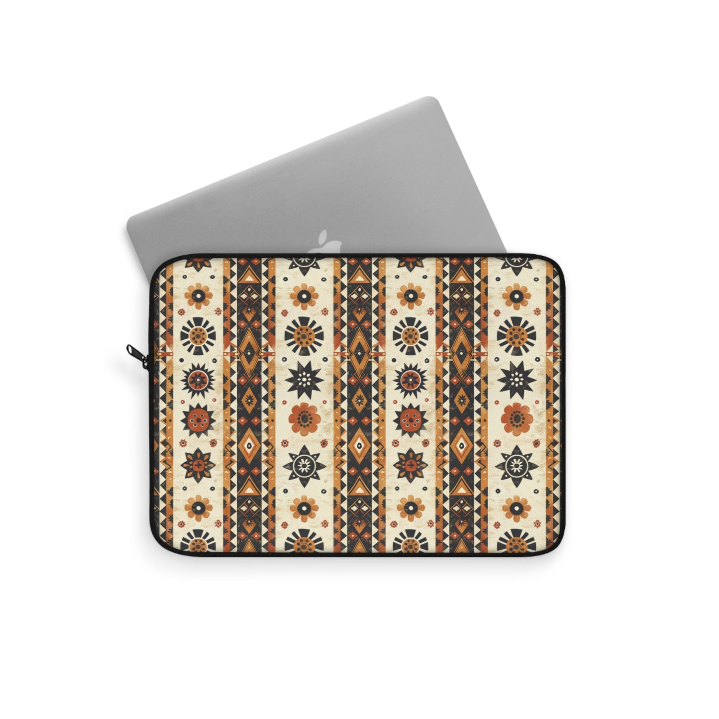 Bohemian Intricate Geometric and Floral Folk Design in Burnt Orange, Deep Brown, and Creamy Beige Laptop or Ipad Protective Sleeve 3 Sizes Available