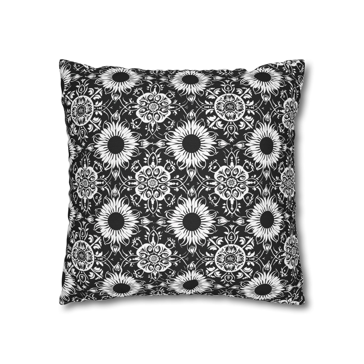 Elegant Mandala Design with Black and White Sunflowers Spun Polyester Square Pillowcase 4 Sizes