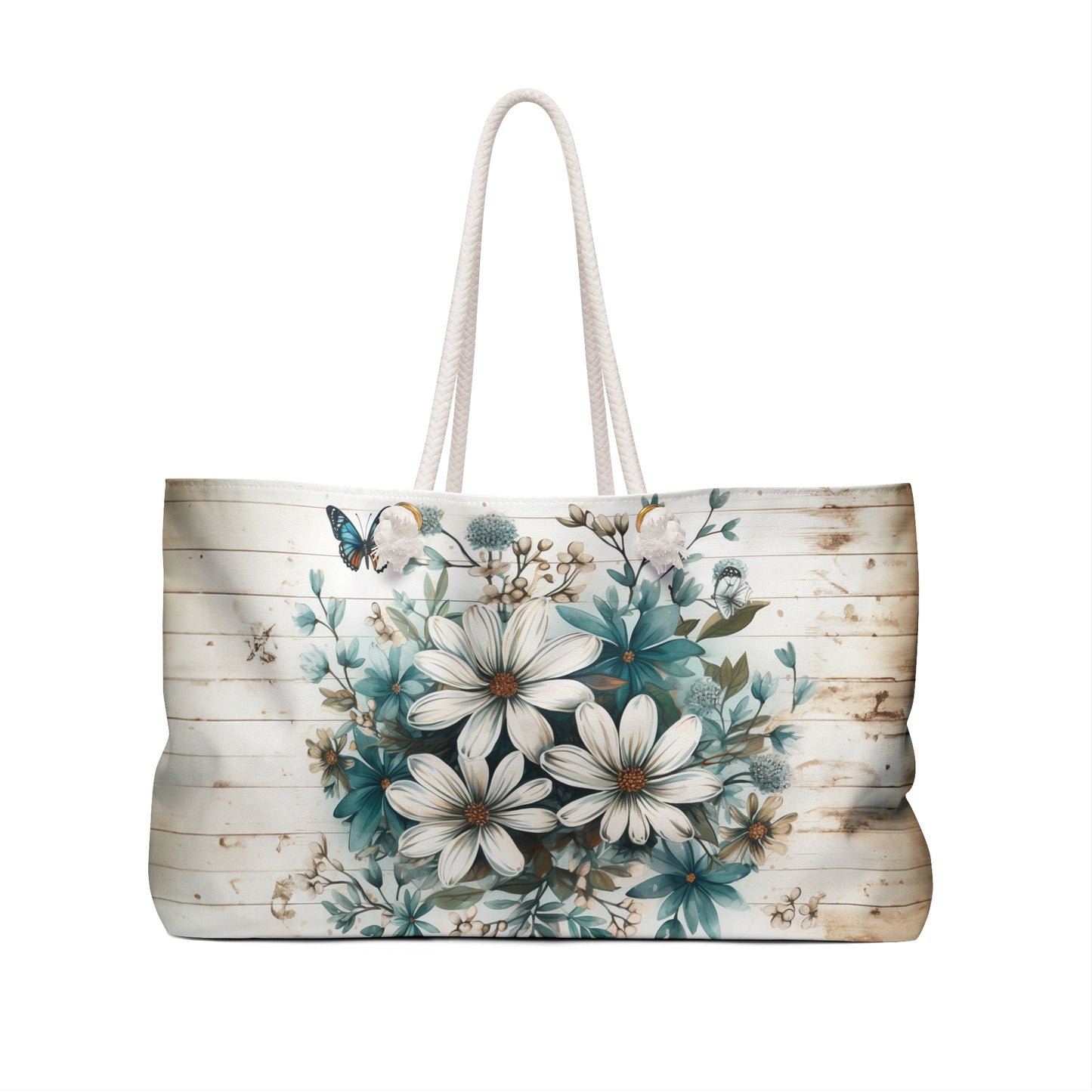 Rustic Charm Bouquet featuring Teal Accents White Wild Daisies with Butterflies  Weekender Oversized Canvas Tote Bag 24" × 13"