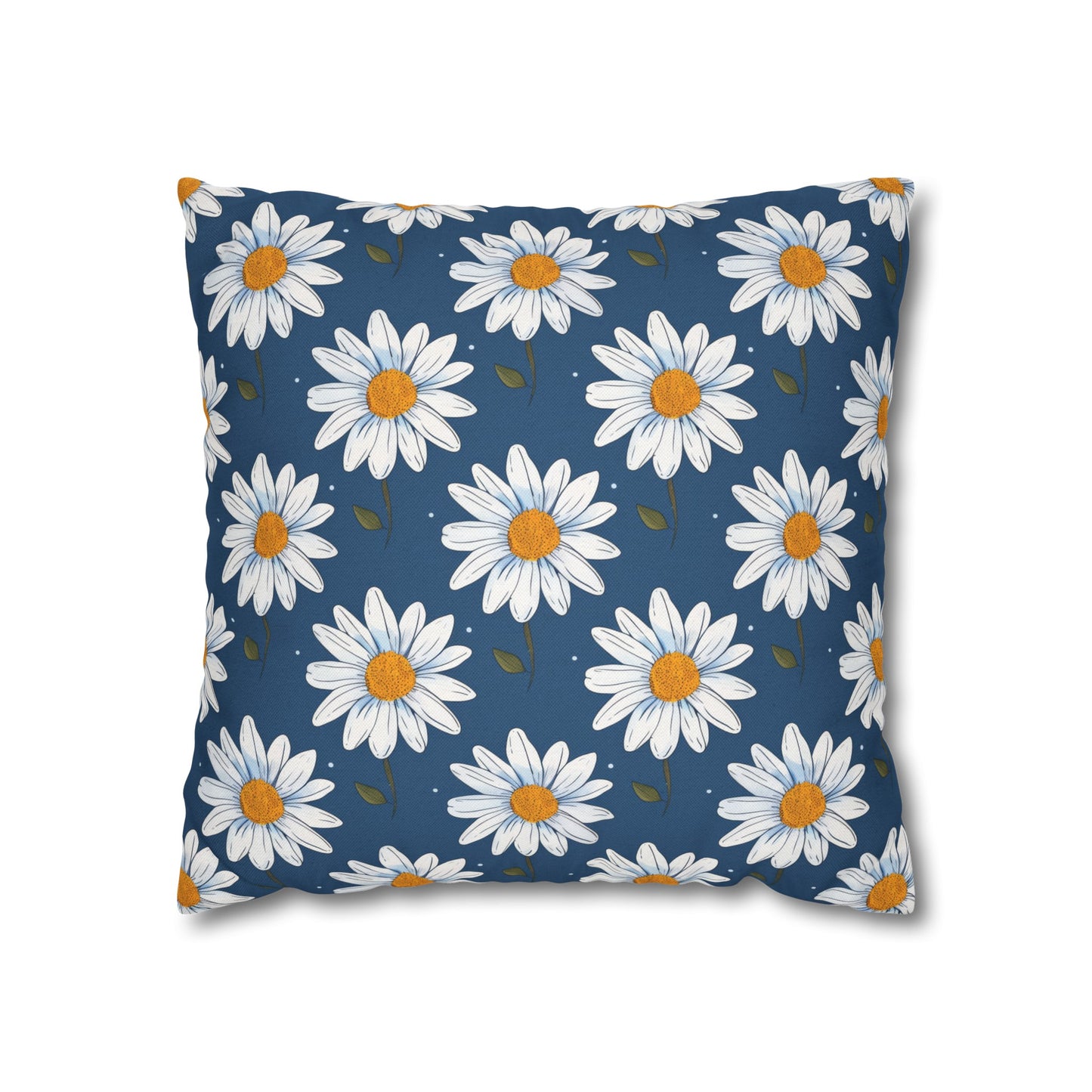 Elegant White Daisies on Navy Blue Background Spun Polyester Square Pillowcase 4 Sizes