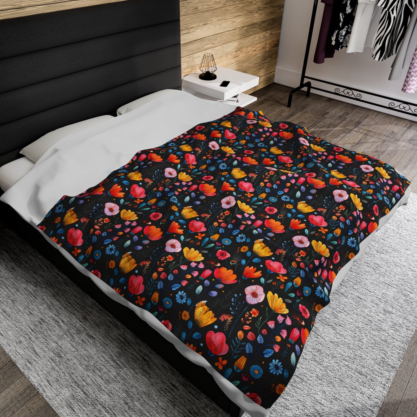 Vibrant Spring Blooms in a Kaleidoscope of Colors on Black Velveteen Plush Blanket 3 Sizes