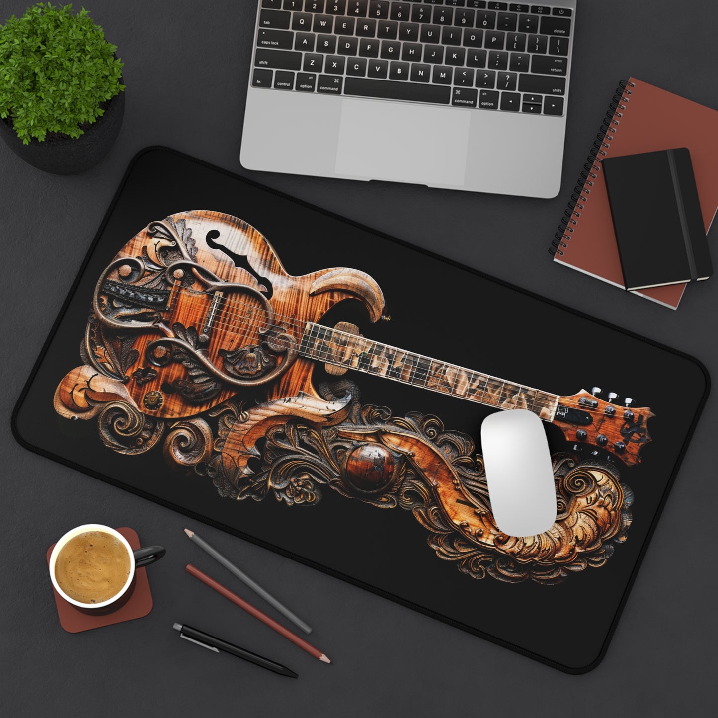 Intricate Carved Wood Electric Guitar Resting on Stone and Wood Carved Stand Desk Mat Extended Gaming Mouse Pad - 3 Sizes