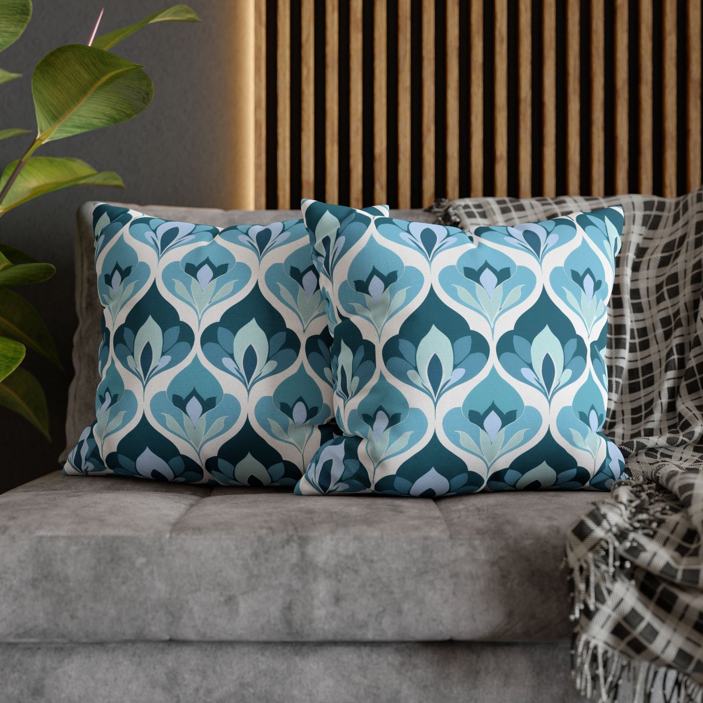 Serene Leaf Motifs Cascading in Cool Hues of Oceanic Blues Spun Polyester Square Pillowcase 4 Sizes