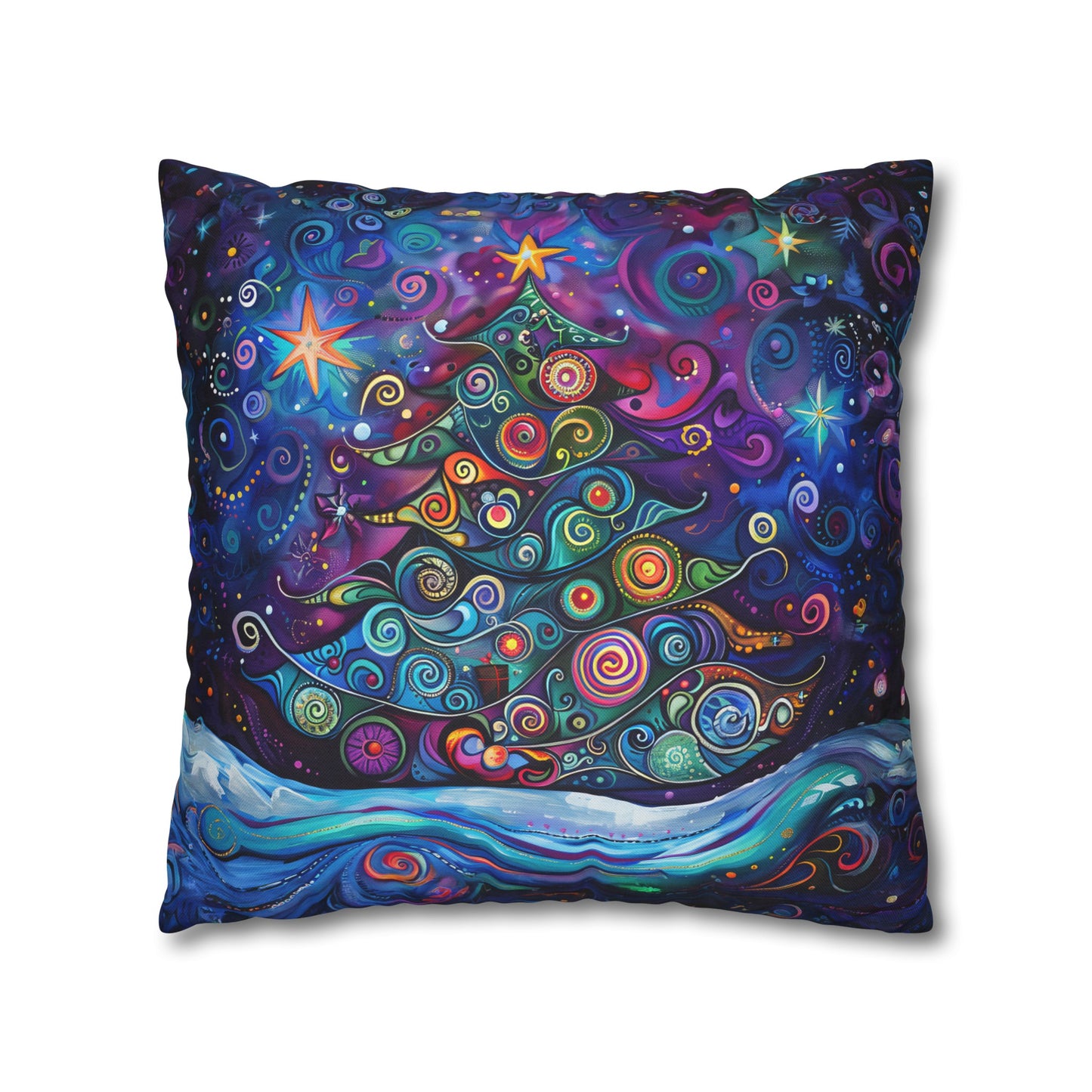 Christmas Tree in Magical Purple Hues, Sparkling Amidst Vibrant Stars Spun Polyester Square Pillowcase 4 Sizes