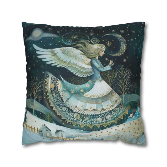 Christmas Angel in Blues and Golds, Watching Over a Starlit Village Spun Polyester Square Pillowcase 4 Sizes