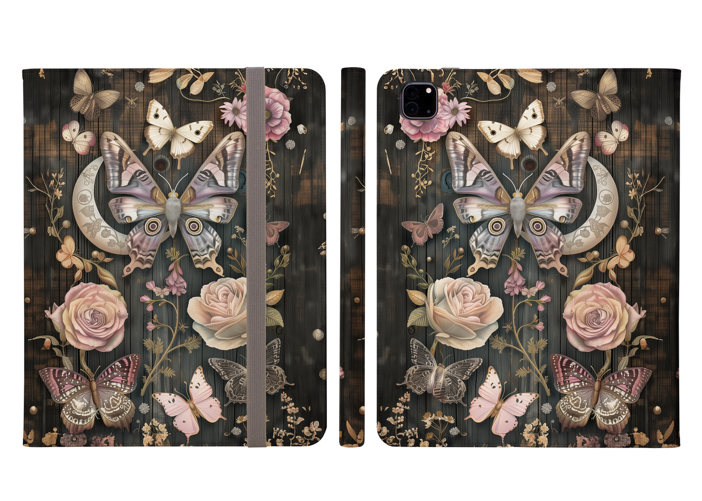 Mystical Crescent Moon Celestial Pink Flowers and Butterflies Protective iPad Pro 11 & Pro 12.9 Protective Case and Pencil Holder