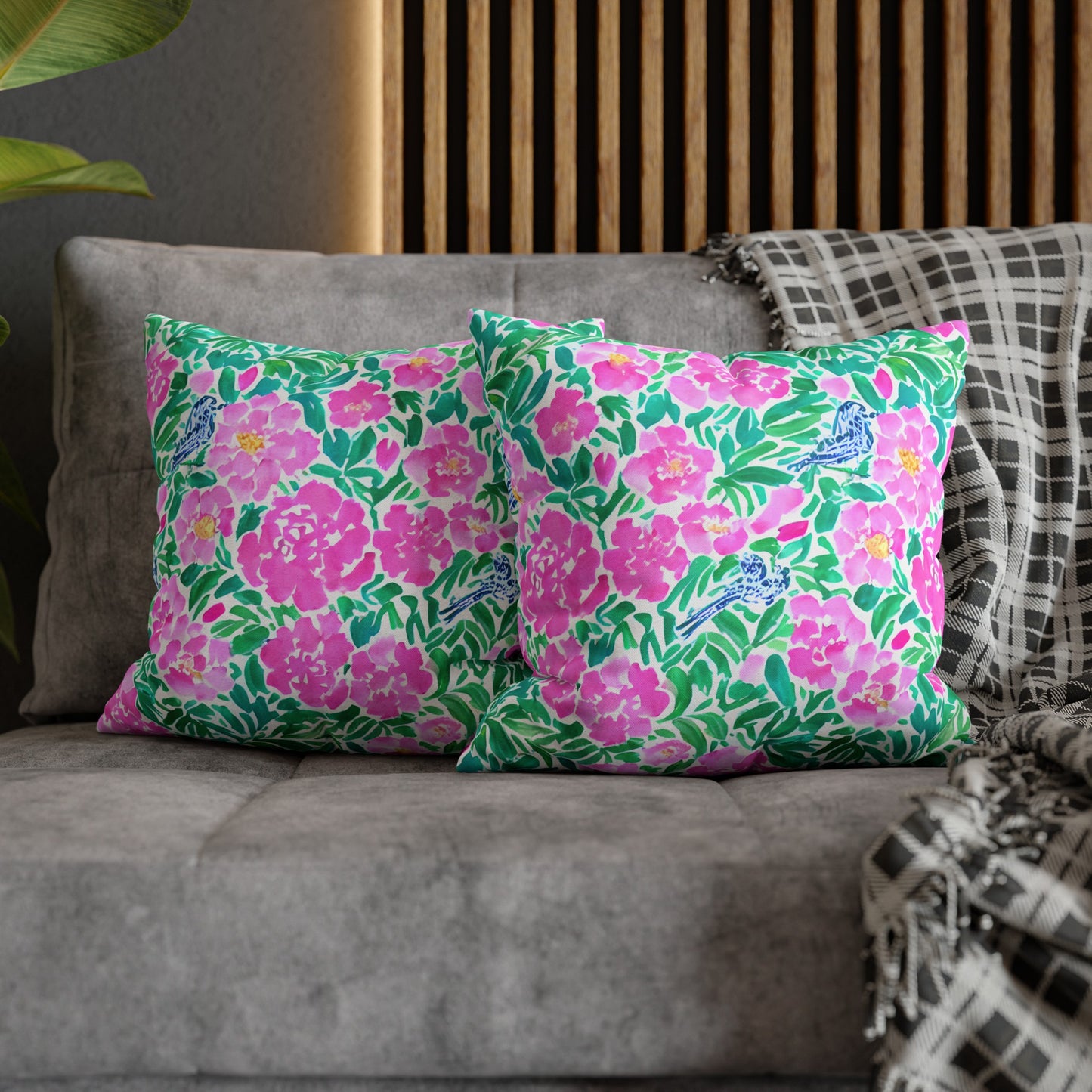 Springtime Whispers: Tiny Birds and Pink Blooms, Subtle Blue Accents, and Lush Green Leaves Spun Polyester Square Pillowcase 4 Sizes