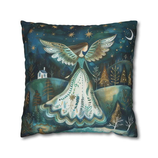 Starry Serenade: Angel in Flowing Dress Amidst a Starry Night Spun Polyester Square Pillowcase 4 Sizes