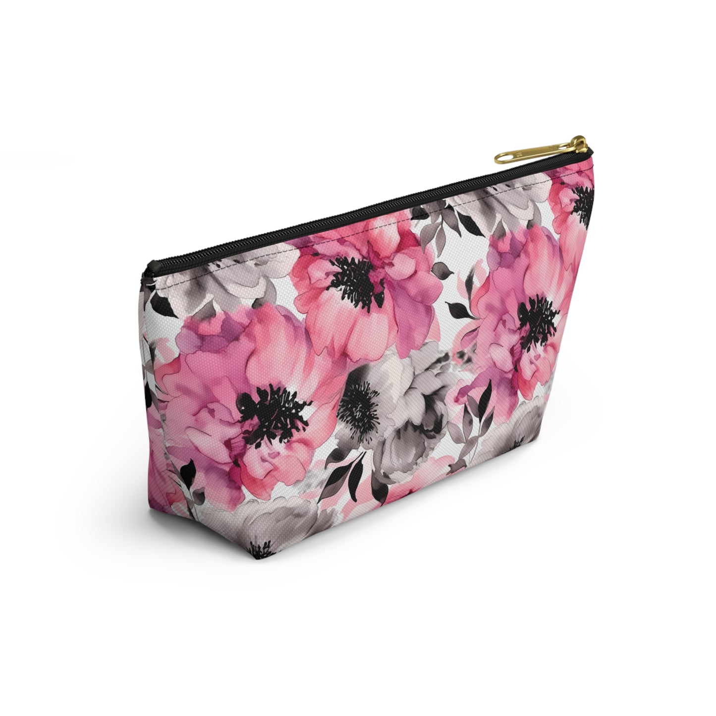 Graceful Elegance: Large Pink and Grey Watercolor Flower Design - Makeup & Accessory Bag 2 Sizes