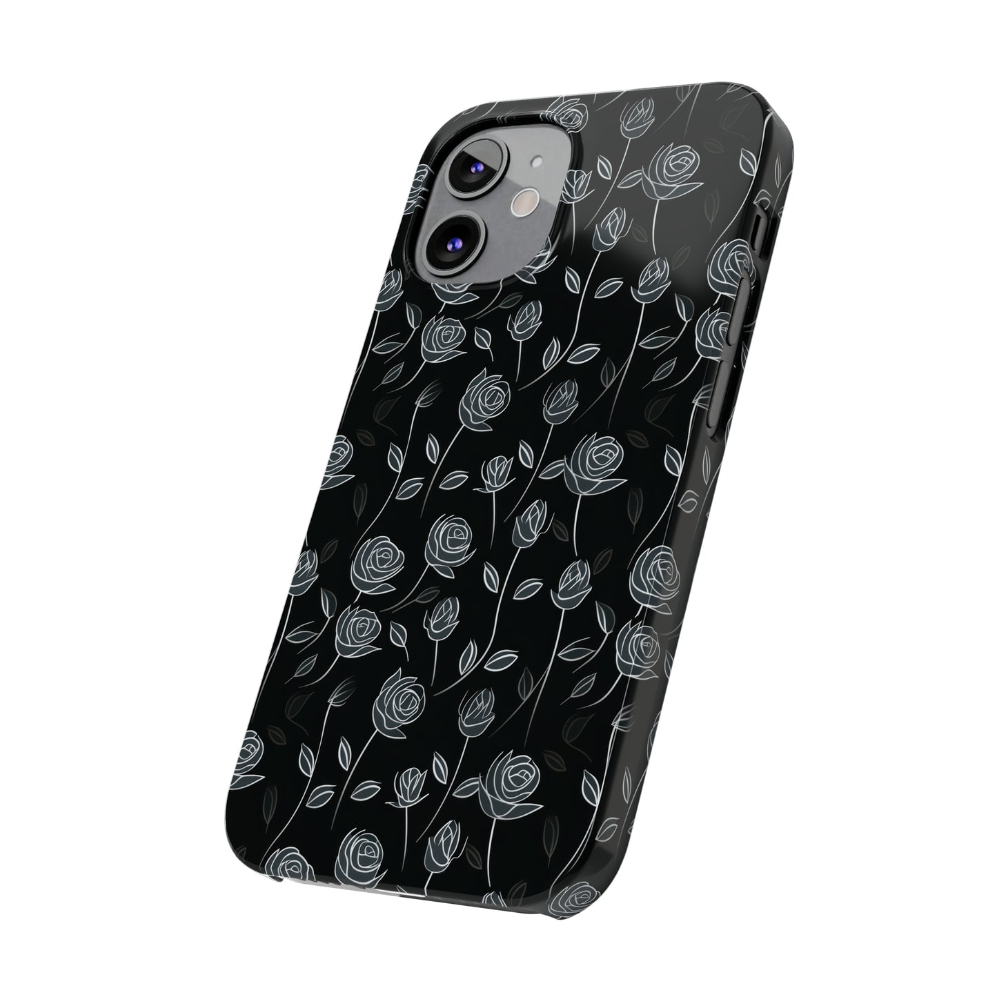 Contrasting Elegance: White Outlined Roses on a Black Background Iphone 15-12 Slim Phone Case