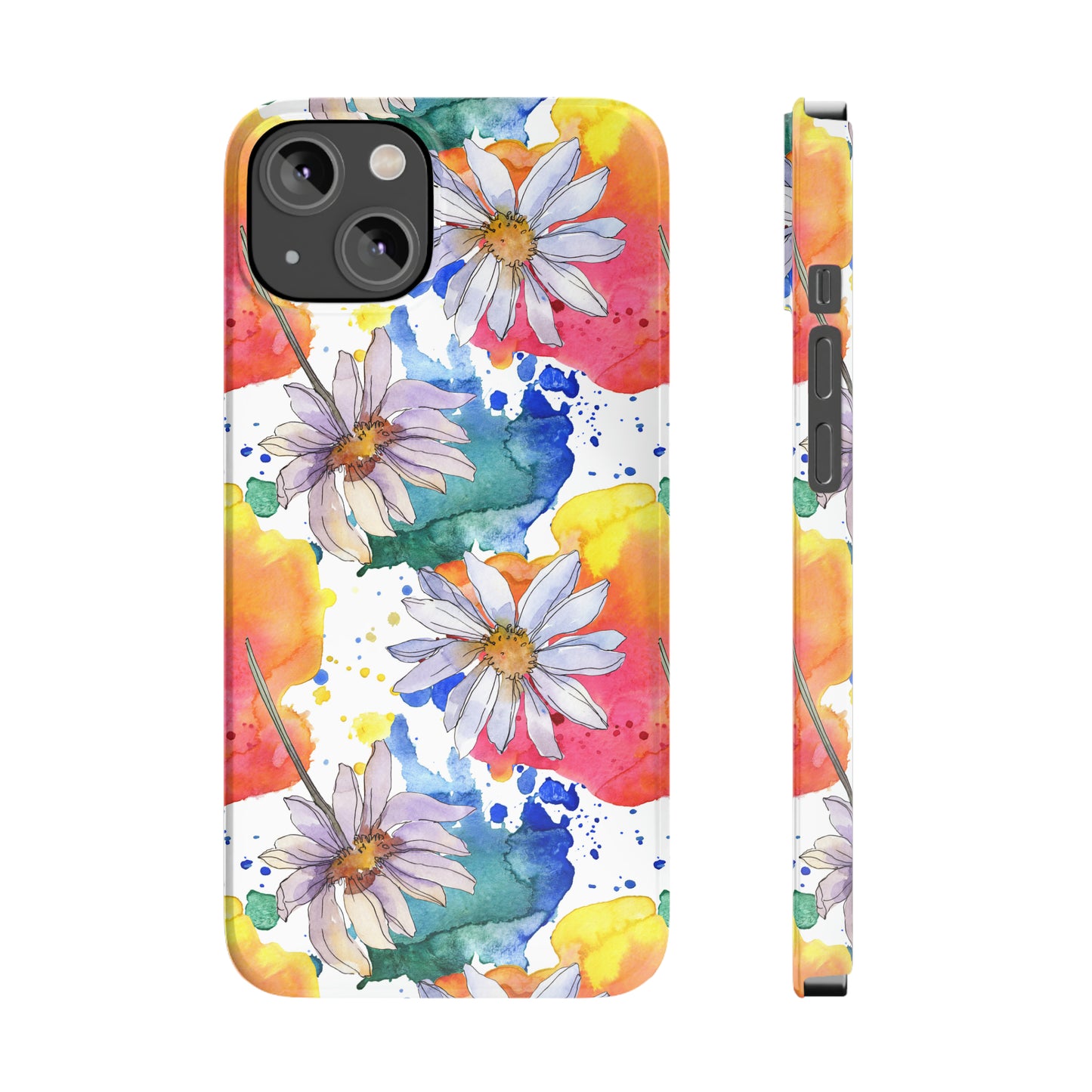 Large Colorful Watercolor Daisy Design Iphone 15-12 Slim Phone Case