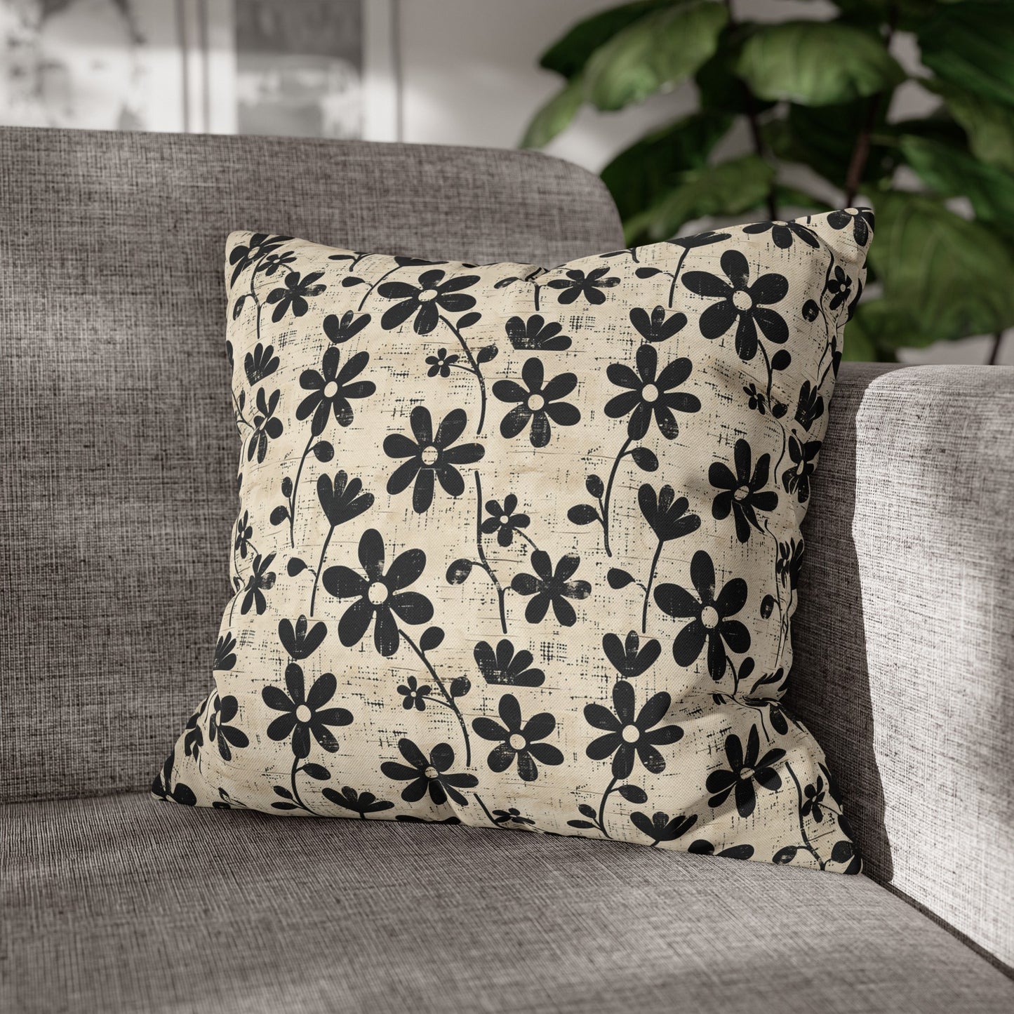 Distressed Black Floral on Beige Background Spun Polyester Square Pillowcase 4 Sizes