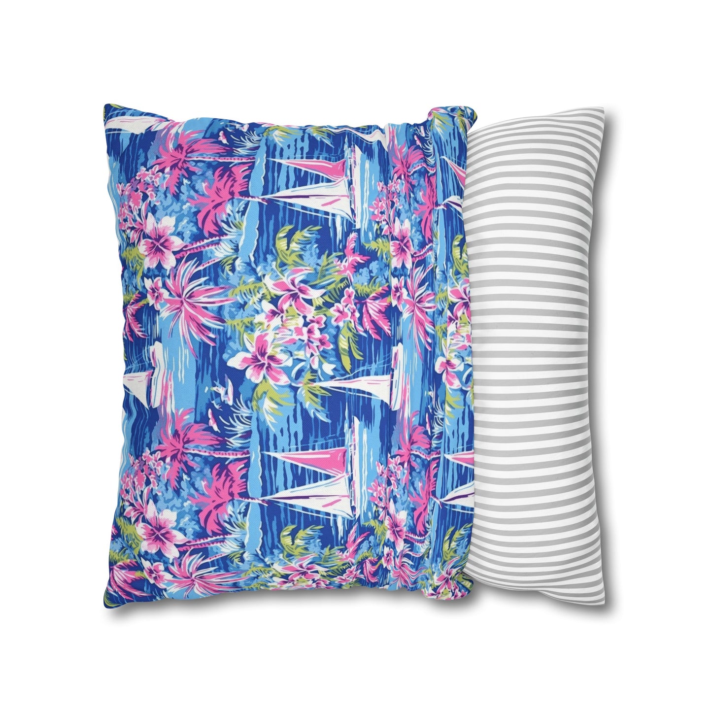 Sailing Tropics: Watercolor Sailboats Amidst Ocean Waves, Tropical Flowers, and Palm Trees Spun Polyester Square Pillowcase 4 Sizes