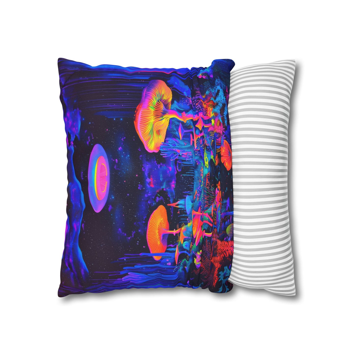 Vibrant Psychedelic Fantasy Neon Mushroom Forest Landscape Spun Polyester Square Pillowcase 4 Sizes