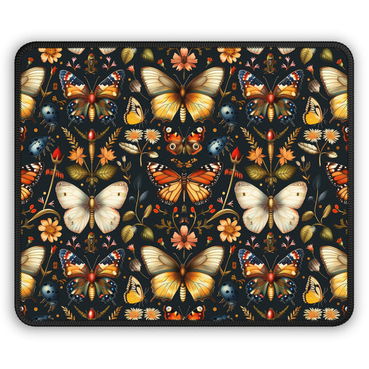 Enchanted Garden of Butterflies and Botanicals in Rich Autumn Hues on a Deep Night Background Gaming Mouse Pad with Finished Edges