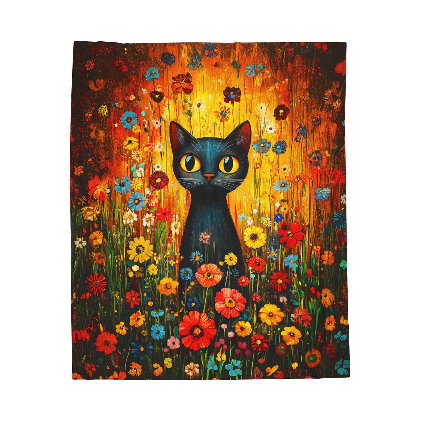 Whimsical Cat Amidst a Colorful Floral Meadow Velveteen Plush Blanket 3 Sizes