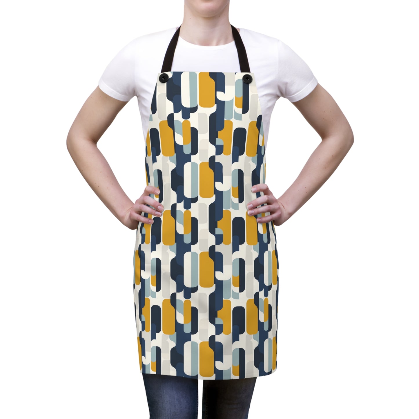 Modern Retro with Bold Geometric Pattern in Mustard and Navy - Kitchen Chef Apron