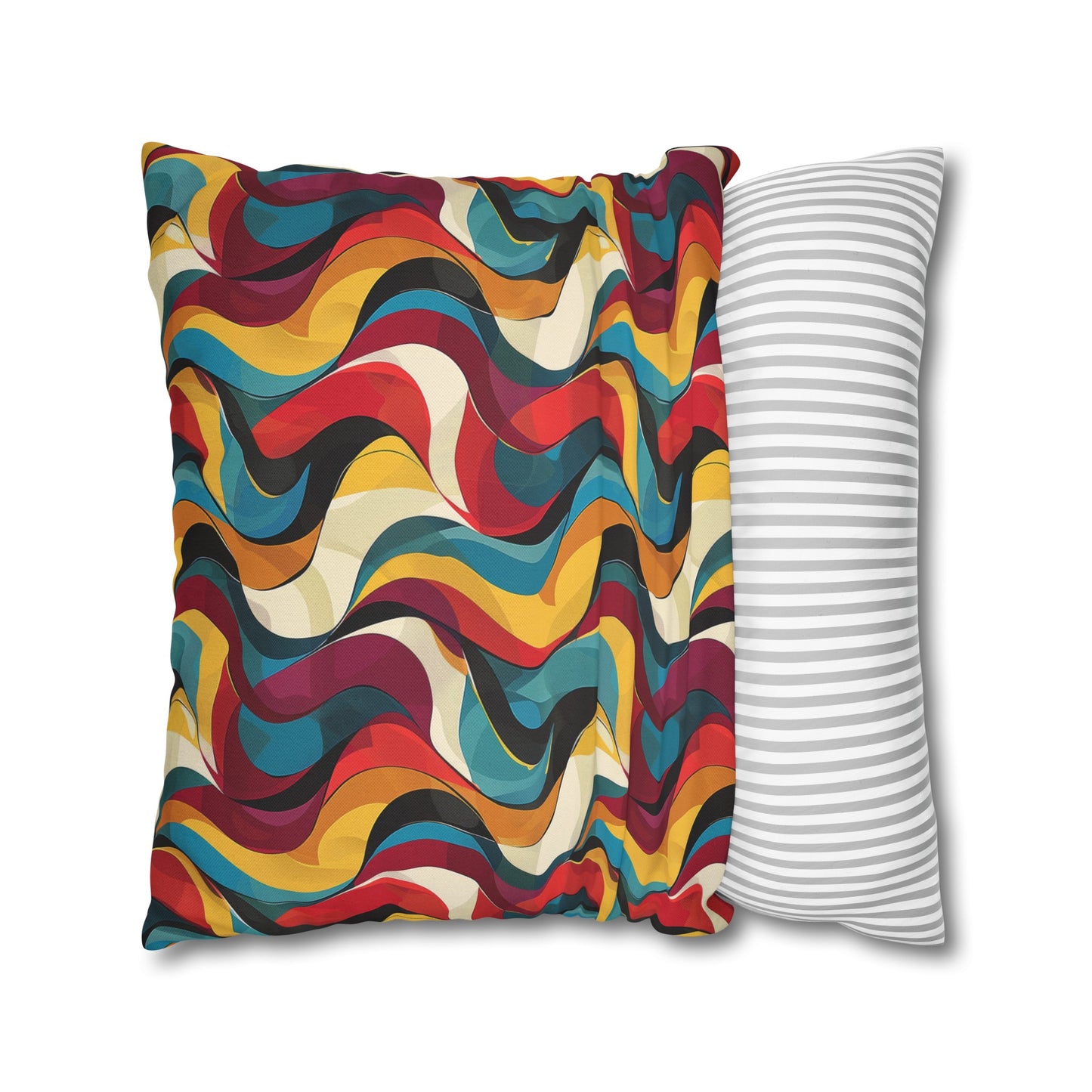 Retro Chic Vintage Blues, Reds and Yellow Waves Spun Polyester Square Pillowcase 4 Sizes