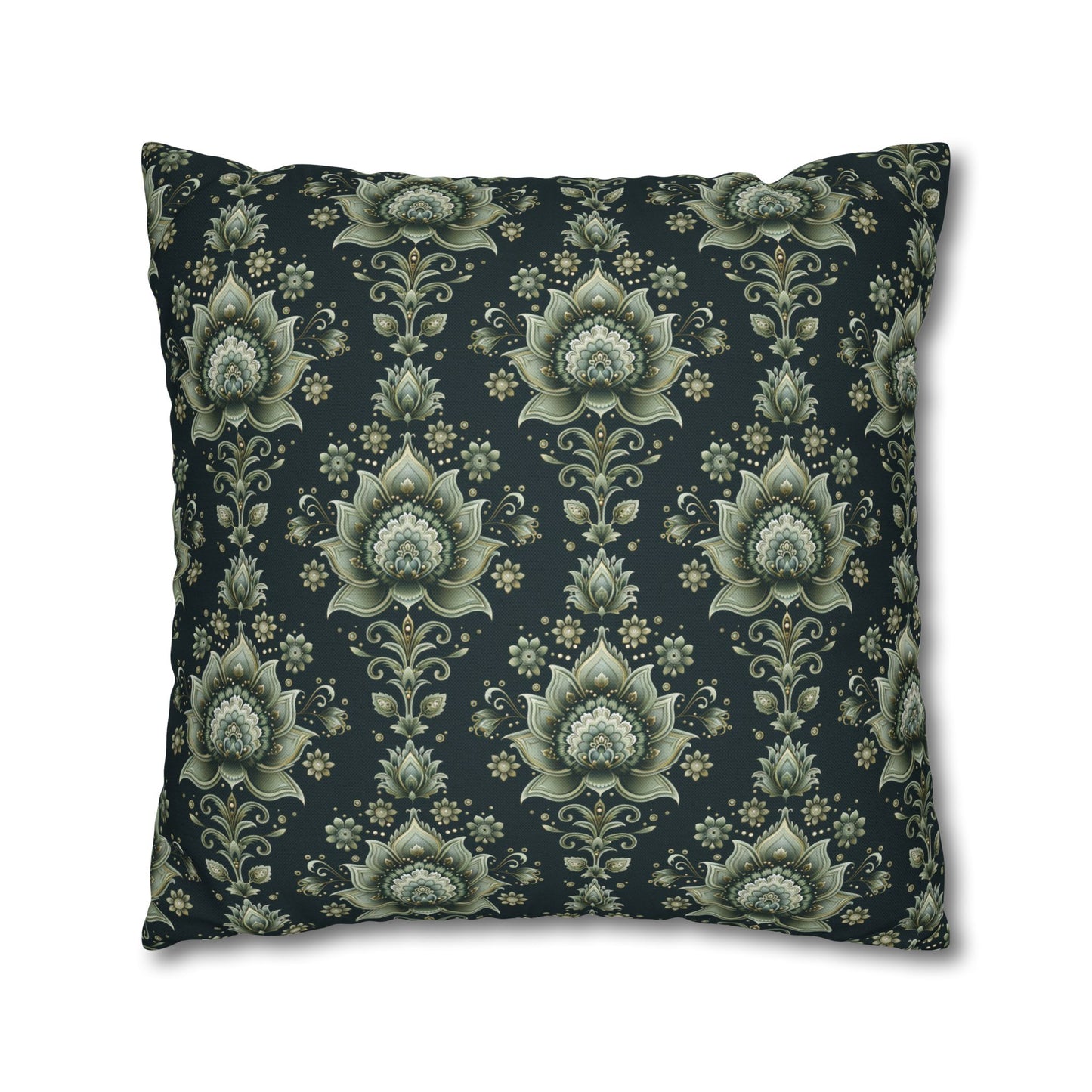 Ornate Green Mandala with Golden Accents on Dark Background Polyester Square Pillowcase 4 Sizes