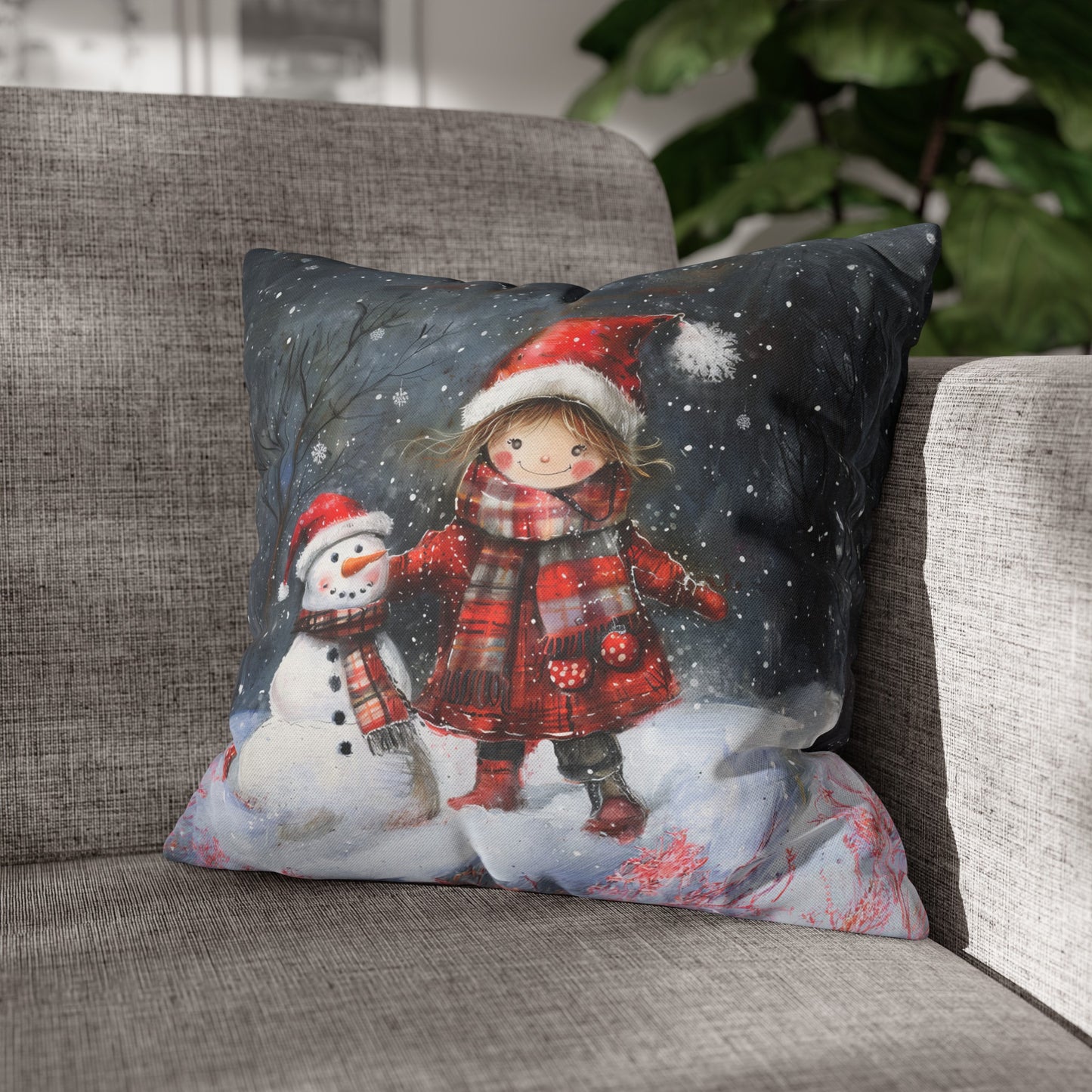 Little Girl and Snowman Sharing Winter's Wonder Spun Polyester Square Pillowcase 4 Sizes