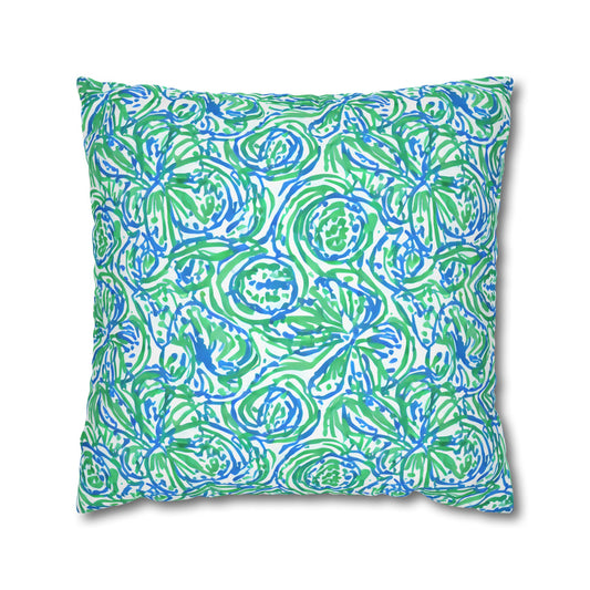 Emerald Tide: Swirling Green and Blue Flowers Spun Polyester Square Pillowcase 4 Sizes