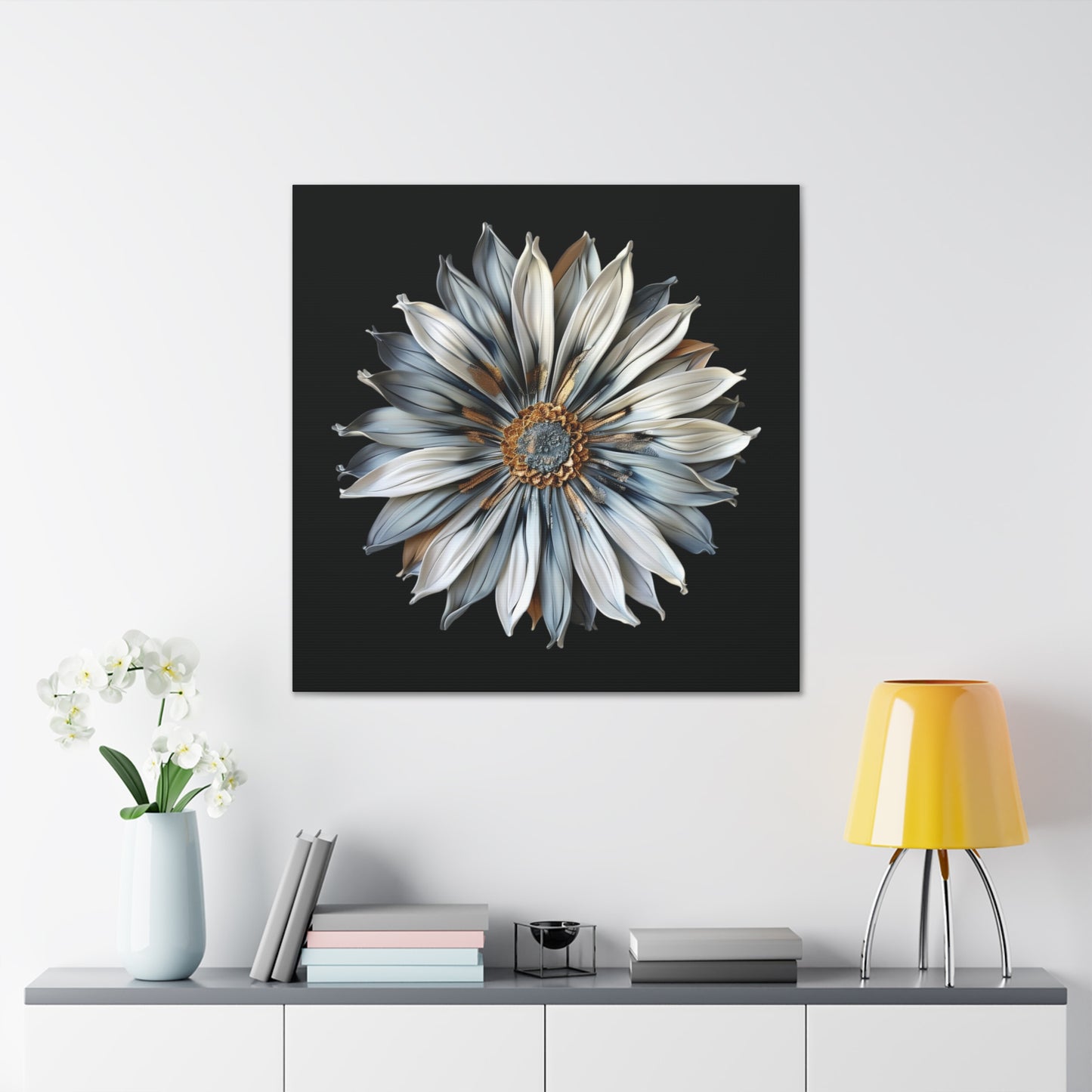 Pale Blue and Gold Sculpted Daisy on Black Background Print on Canvas Gallery Wraps  - 5 Sizes